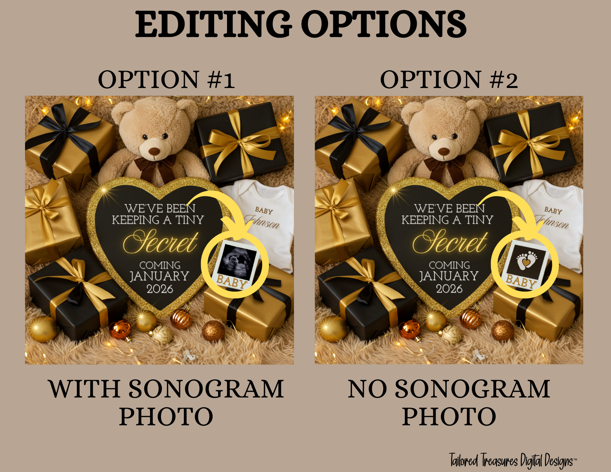 Two options for a baby announcement card with teddy bear, gifts, and heart-shaped sign on a beige background.
