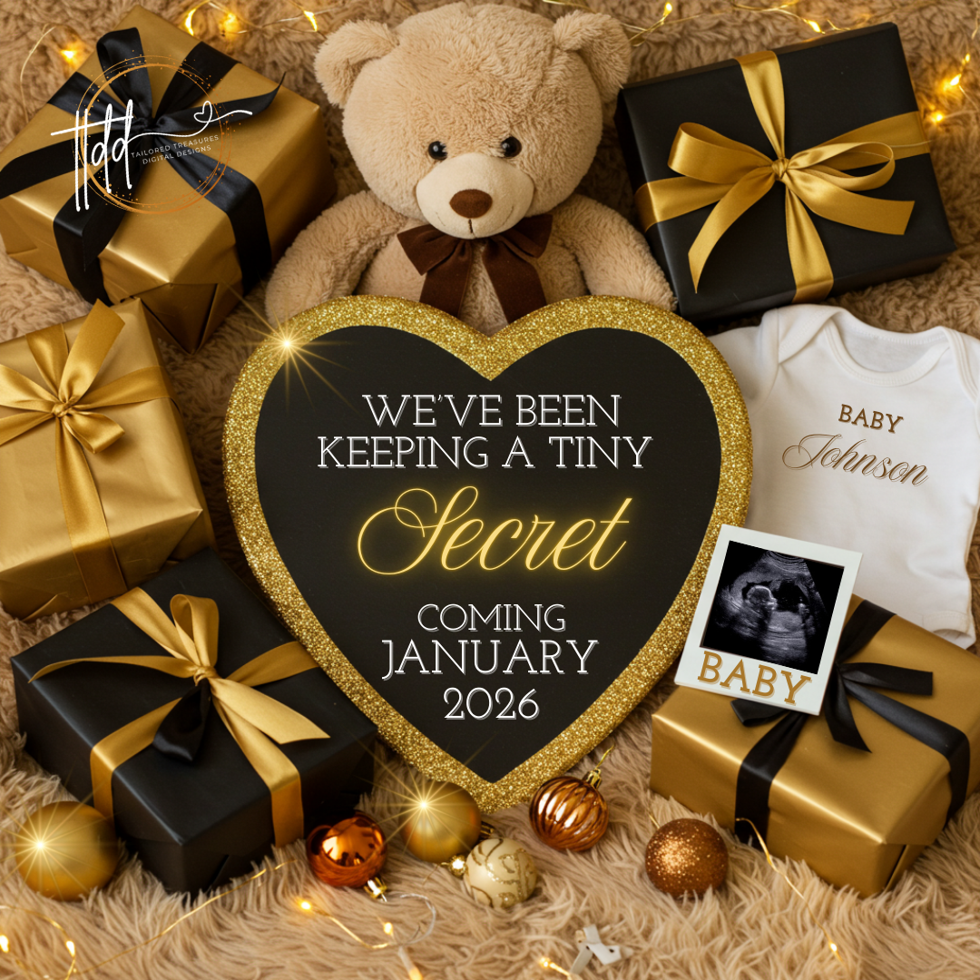 Baby announcement with teddy bear, gifts, and heart-shaped sign on a soft surface.