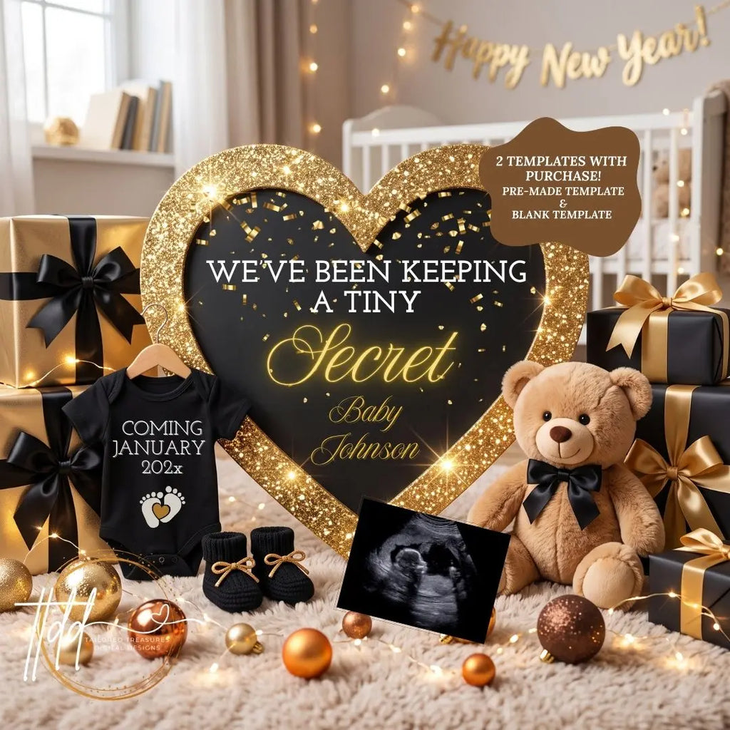 Tiny Secret New Years Baby Reveal Digital Editable Template, Gender Neutral Canva Template TailoredTreasuresDigitalDesigns™