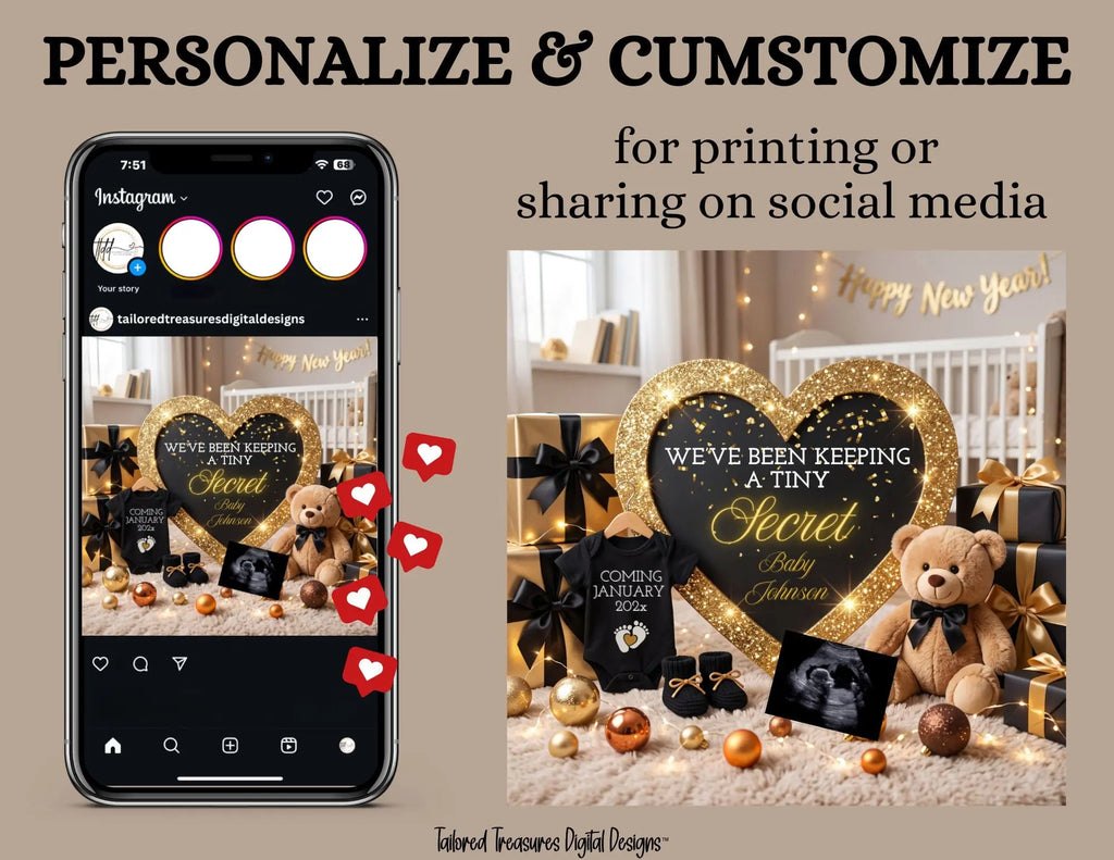 Tiny Secret New Years Baby Reveal Digital Editable Template, Gender Neutral Canva Template TailoredTreasuresDigitalDesigns™