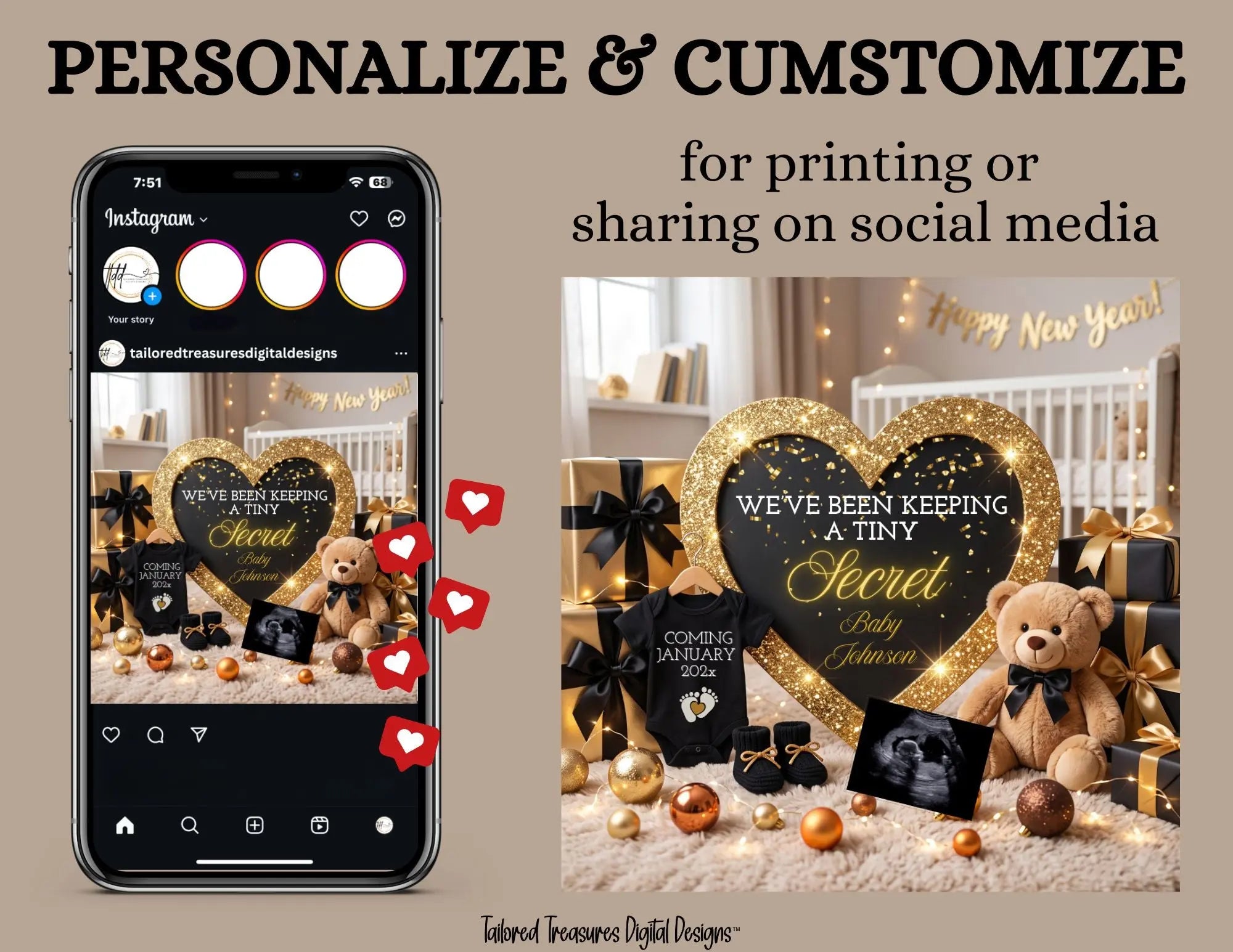 Tiny Secret New Years Baby Reveal Digital Editable Template, Gender Neutral Canva Template TailoredTreasuresDigitalDesigns™