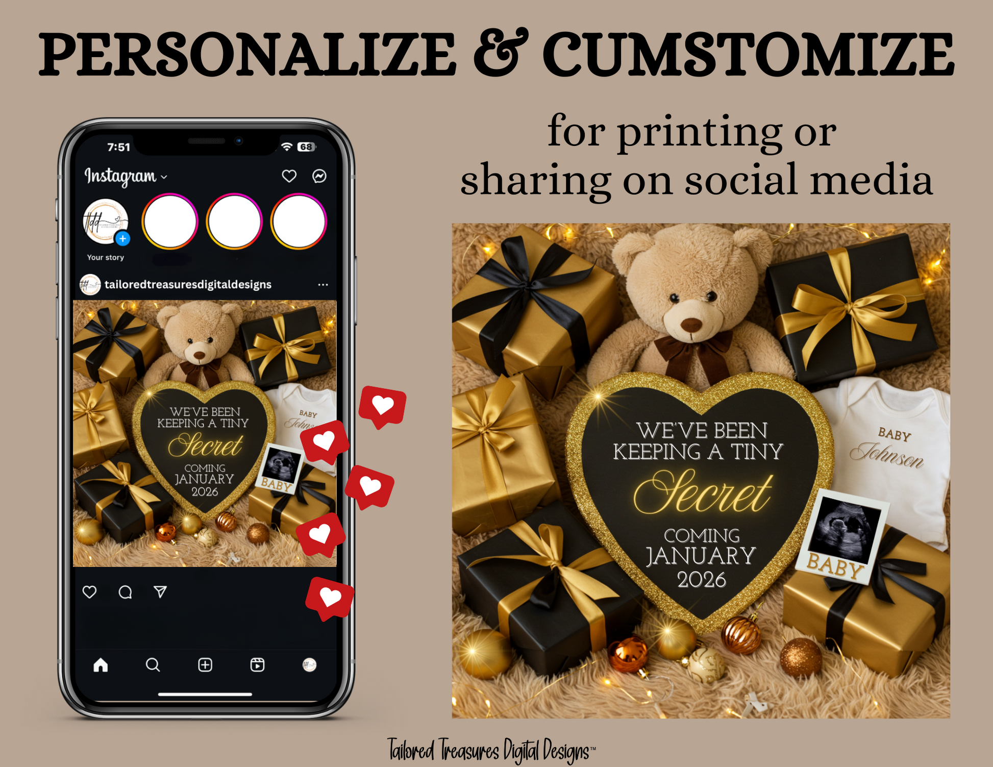 Phone screen with social media post and teddy bear, gift boxes, and heart-shaped sign on a textured background.