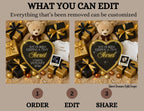 Promotional graphic for customizable photo editing service with teddy bear, gifts, and heart-shaped sign.