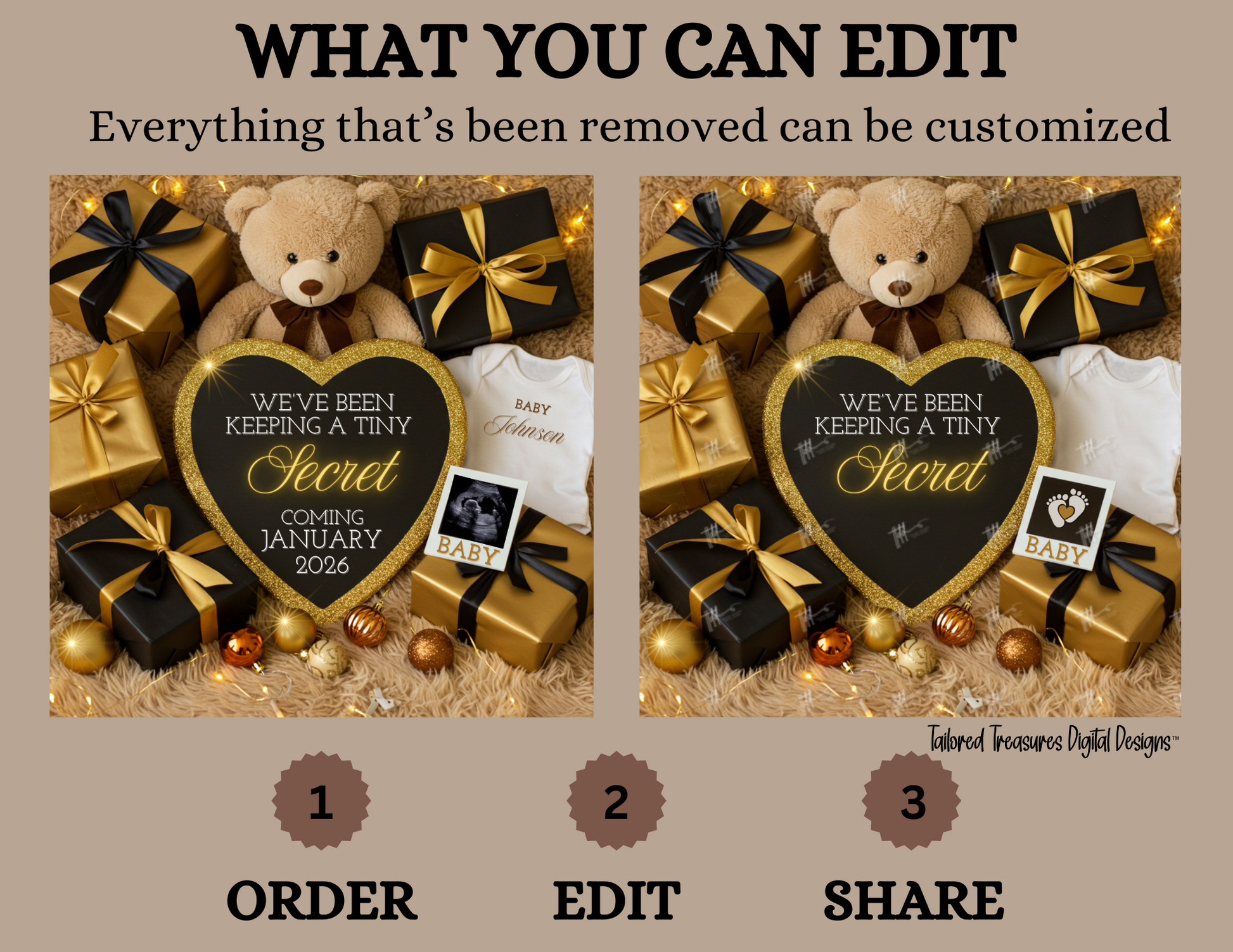 Promotional graphic for customizable photo editing service with teddy bear, gifts, and heart-shaped sign.