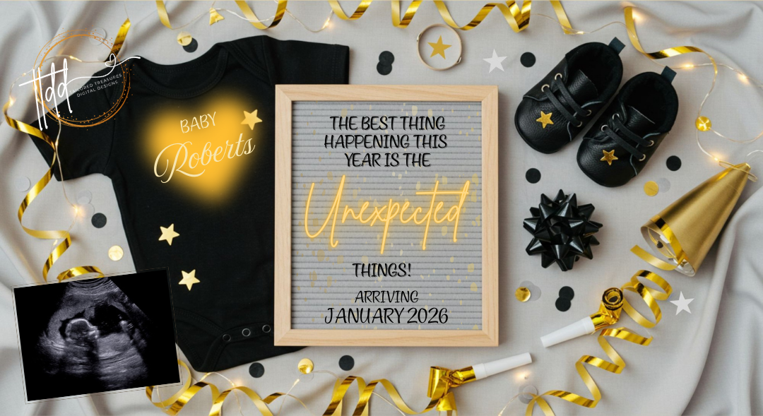 Baby reveal including a onesie, shoes, and a letterboard with celebratory text on a decorative background.