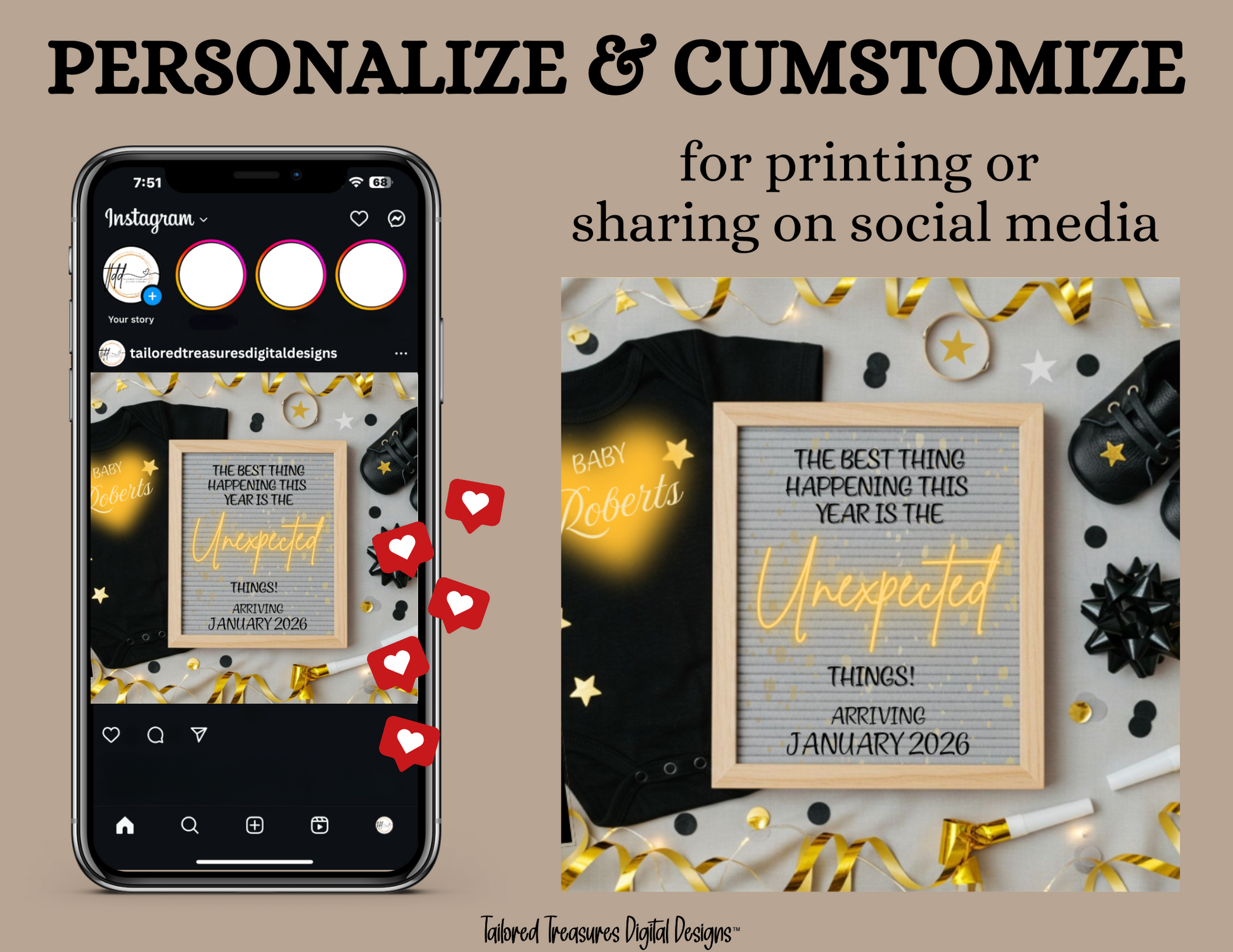 Smartphone displaying a digital design on Instagram with text 'Personalize & Customize' and images of printed designs.