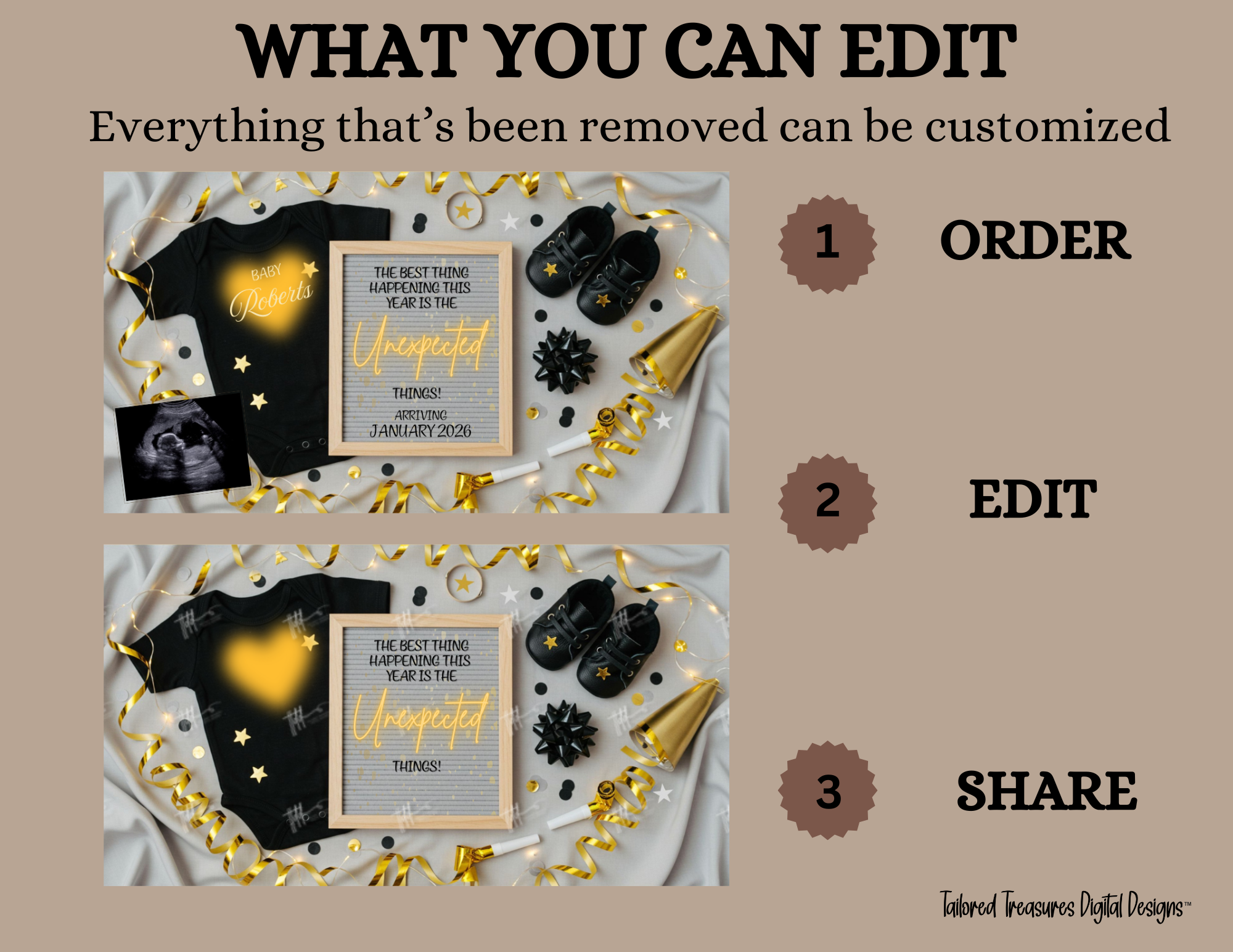 Promotional graphic for customizable product design with text and baby items on a beige background.