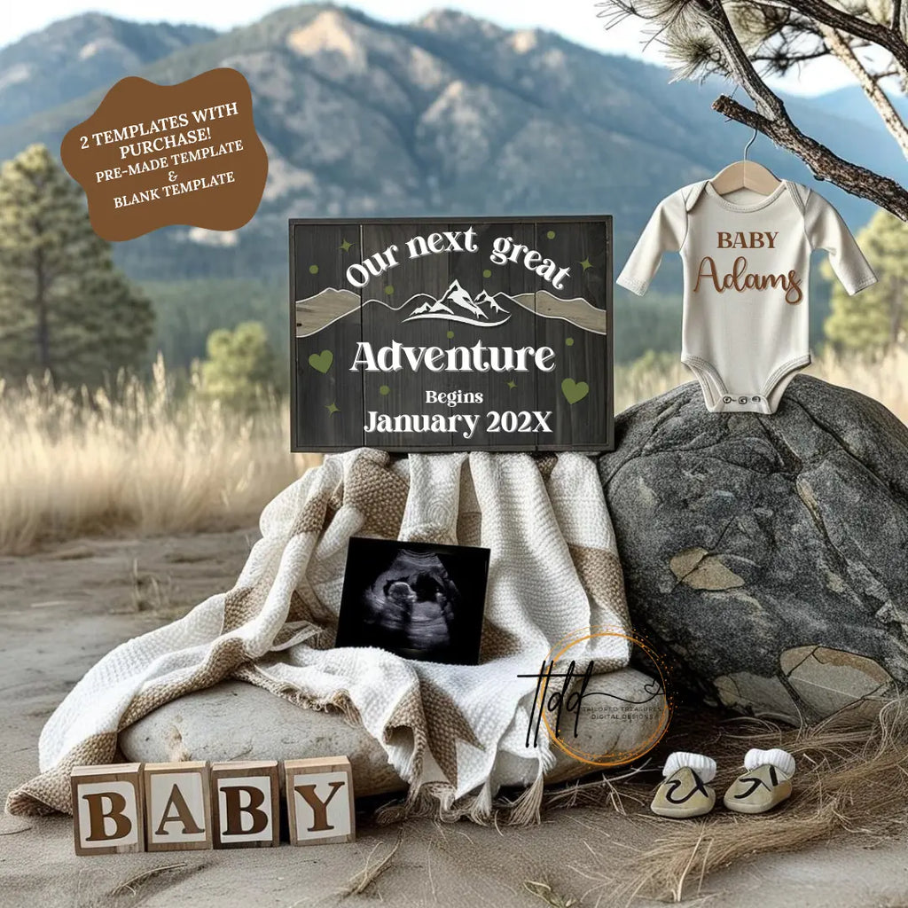 Digital Our Next Great Adventure Pregnancy Announcement, Customizable Mountains Themed, Editable Details Template - TailoredTreasuresDigitalDesigns™