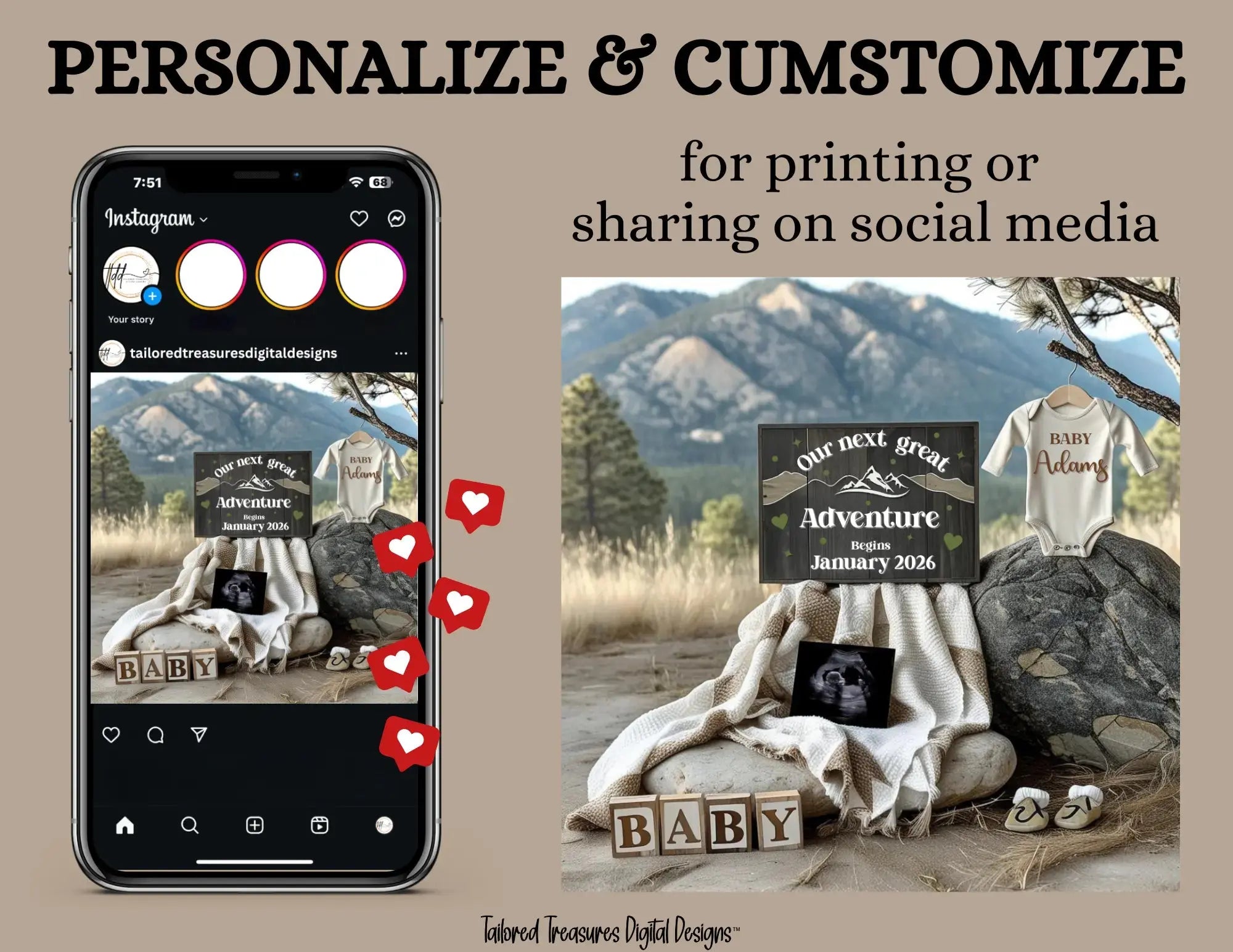 Digital Our Next Great Adventure Pregnancy Announcement, Customizable Mountains Themed, Editable Details Template - TailoredTreasuresDigitalDesigns™