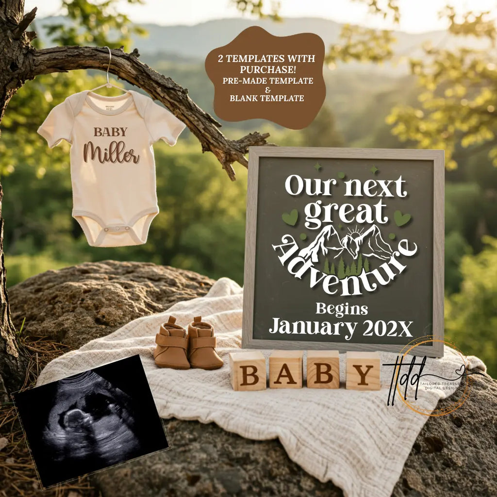 Our Next Great Adventure Digital Pregnancy Announcement, Gender Neutral Customizable Hiking Editable Template - TailoredTreasuresDigitalDesigns™
