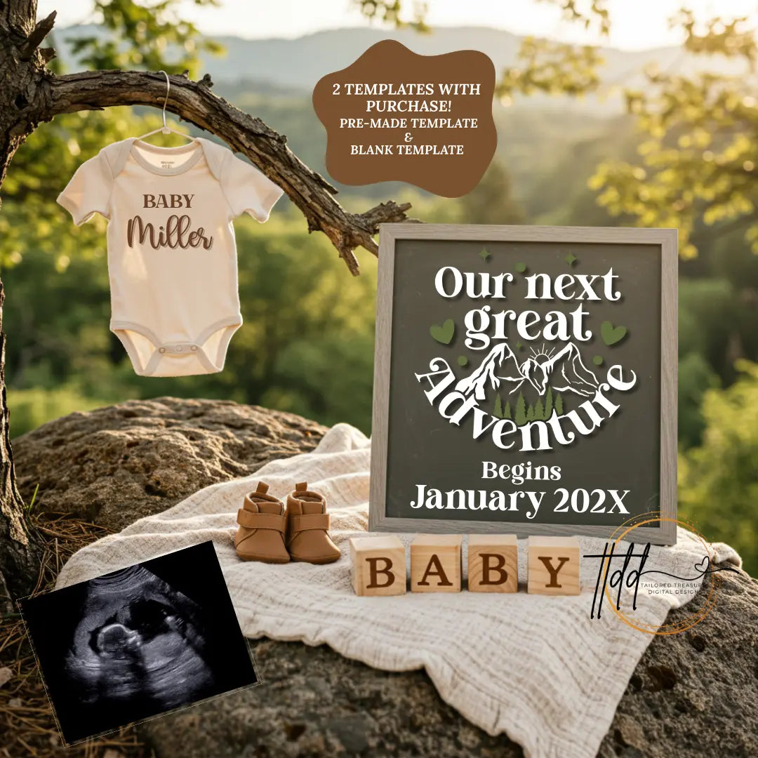 Our Next Great Adventure Digital Pregnancy Announcement, Gender Neutral Customizable Hiking Editable Template - TailoredTreasuresDigitalDesigns™