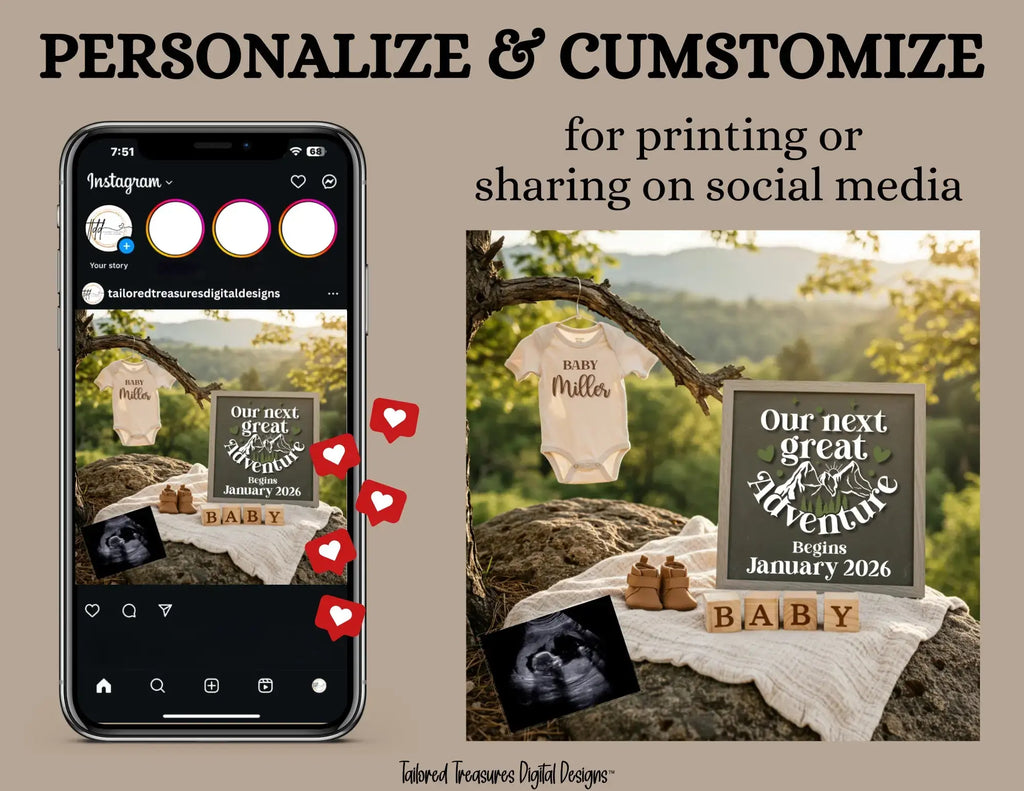 Our Next Great Adventure Digital Pregnancy Announcement, Gender Neutral Customizable Hiking Editable Template - TailoredTreasuresDigitalDesigns™