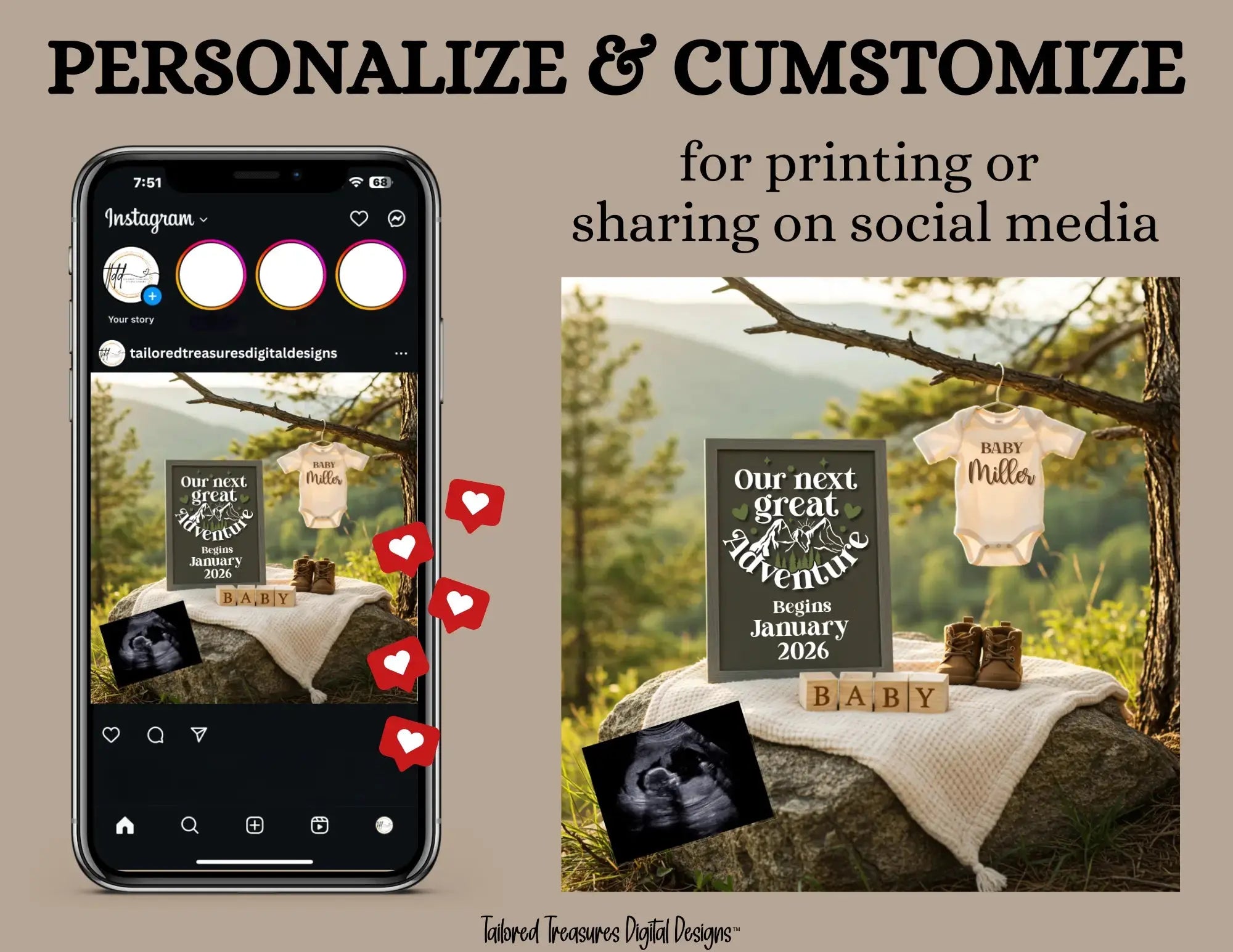 Our Next Great Adventure Digital Pregnancy Announcement, Gender Neutral Customizable Outdoors Editable Template - TailoredTreasuresDigitalDesigns™