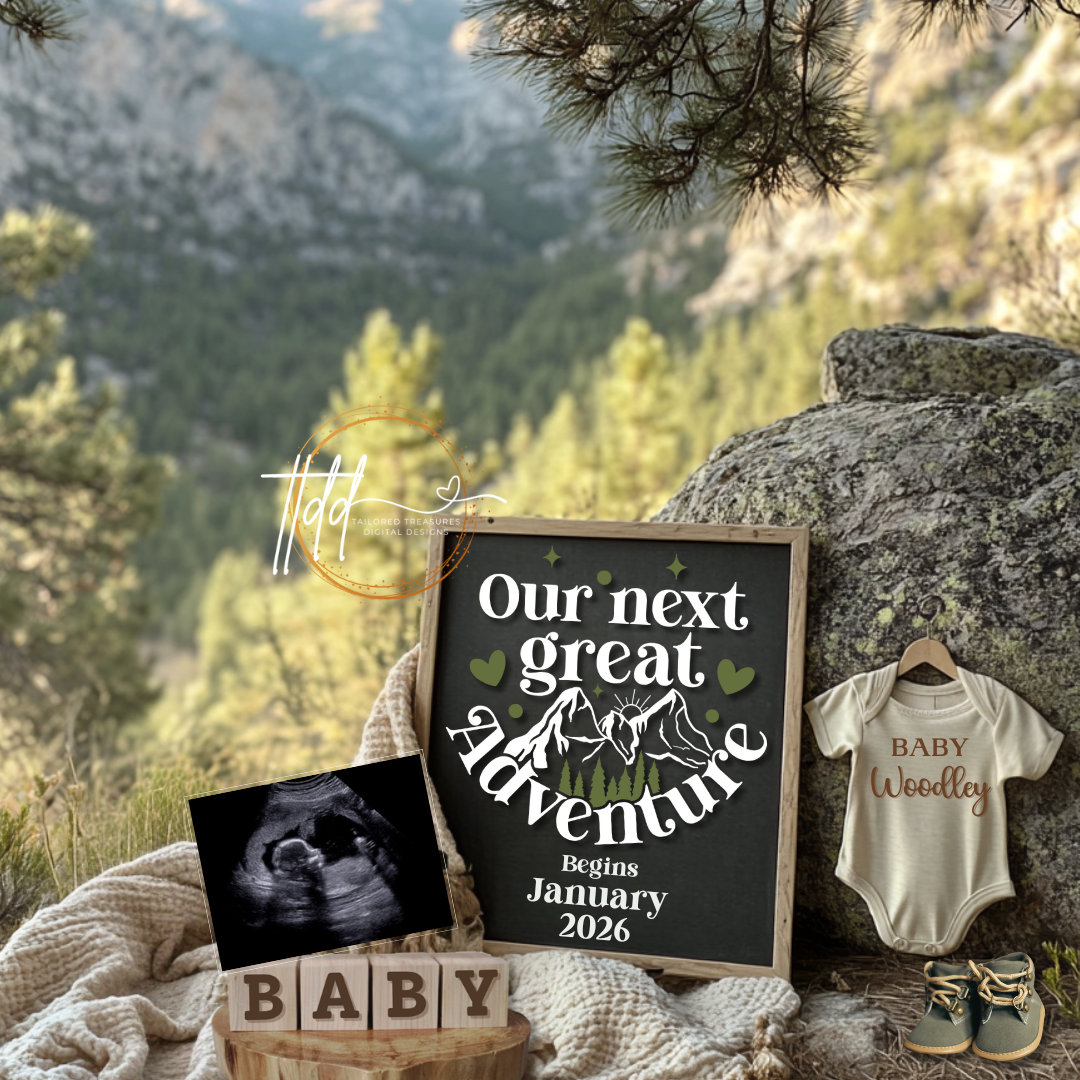 Digital Mountain Pregnancy Announcement, Our Next Adventure, Customizable Hiking Themed, Personalized Editable Template TailoredTreasuresDigitalDesigns™