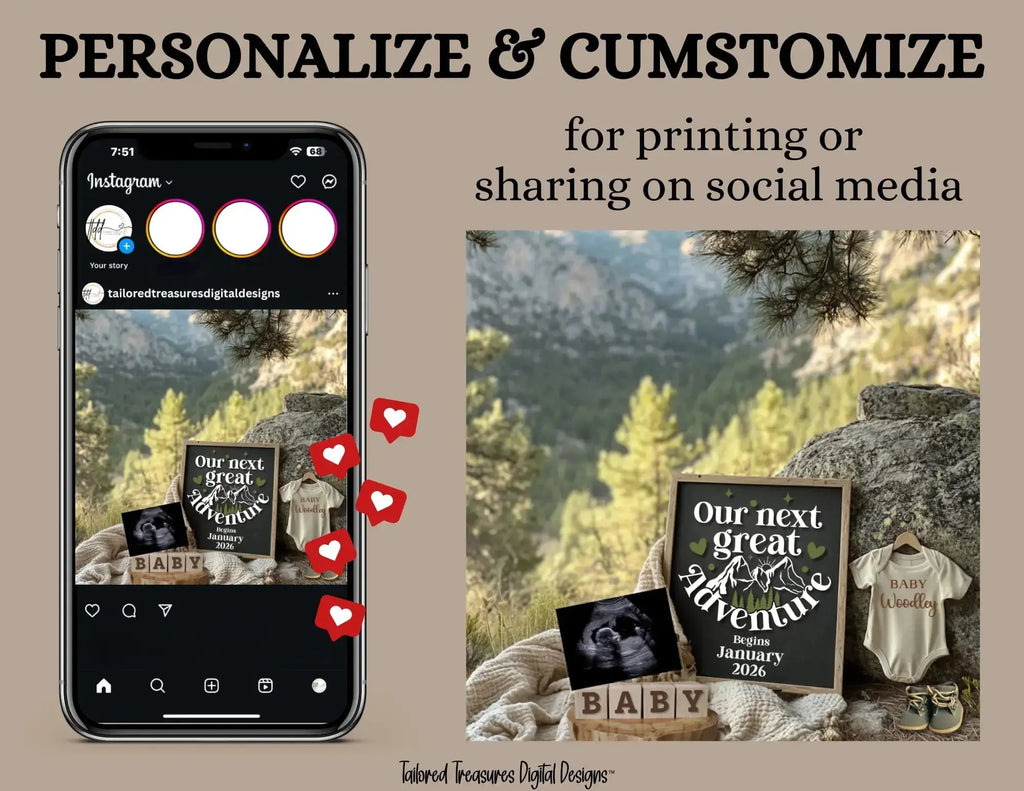 Digital Mountain Pregnancy Announcement, Our Next Adventure, Customizable Hiking Themed, Personalized Editable Template TailoredTreasuresDigitalDesigns™