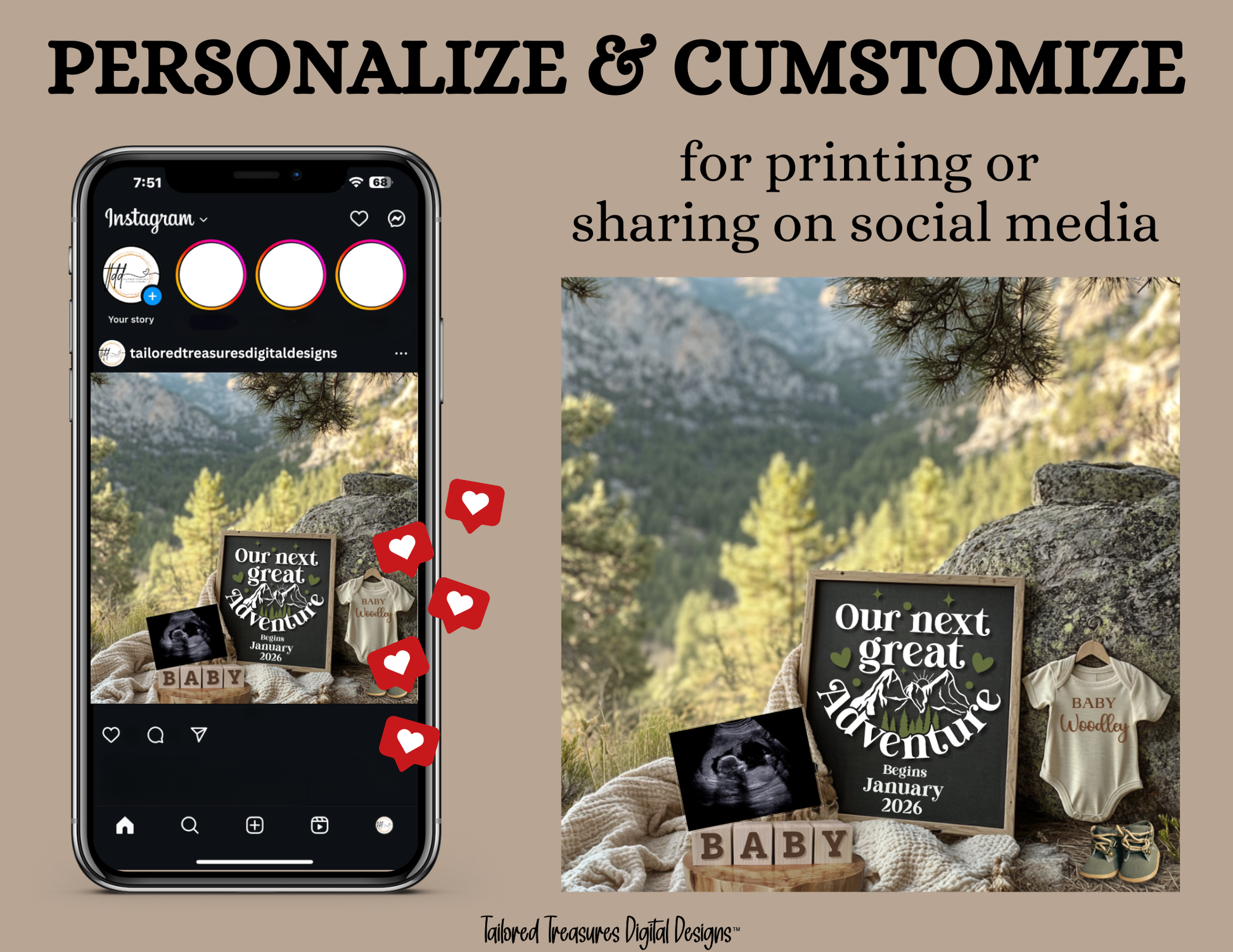 Digital Mountain Pregnancy Announcement, Our Next Adventure, Customizable Hiking Themed, Personalized Editable Template TailoredTreasuresDigitalDesigns™