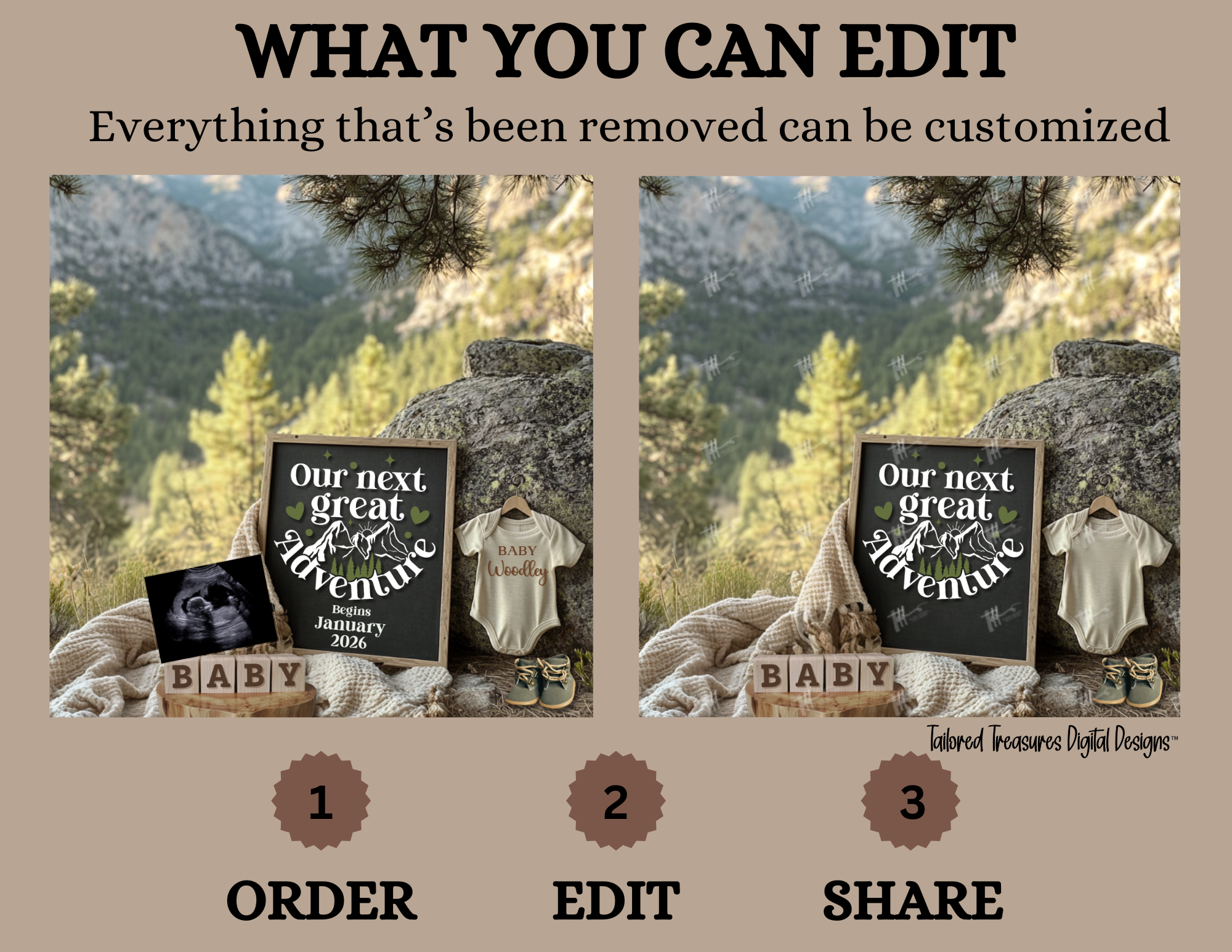 Digital Mountain Pregnancy Announcement, Our Next Adventure, Customizable Hiking Themed, Personalized Editable Template TailoredTreasuresDigitalDesigns™