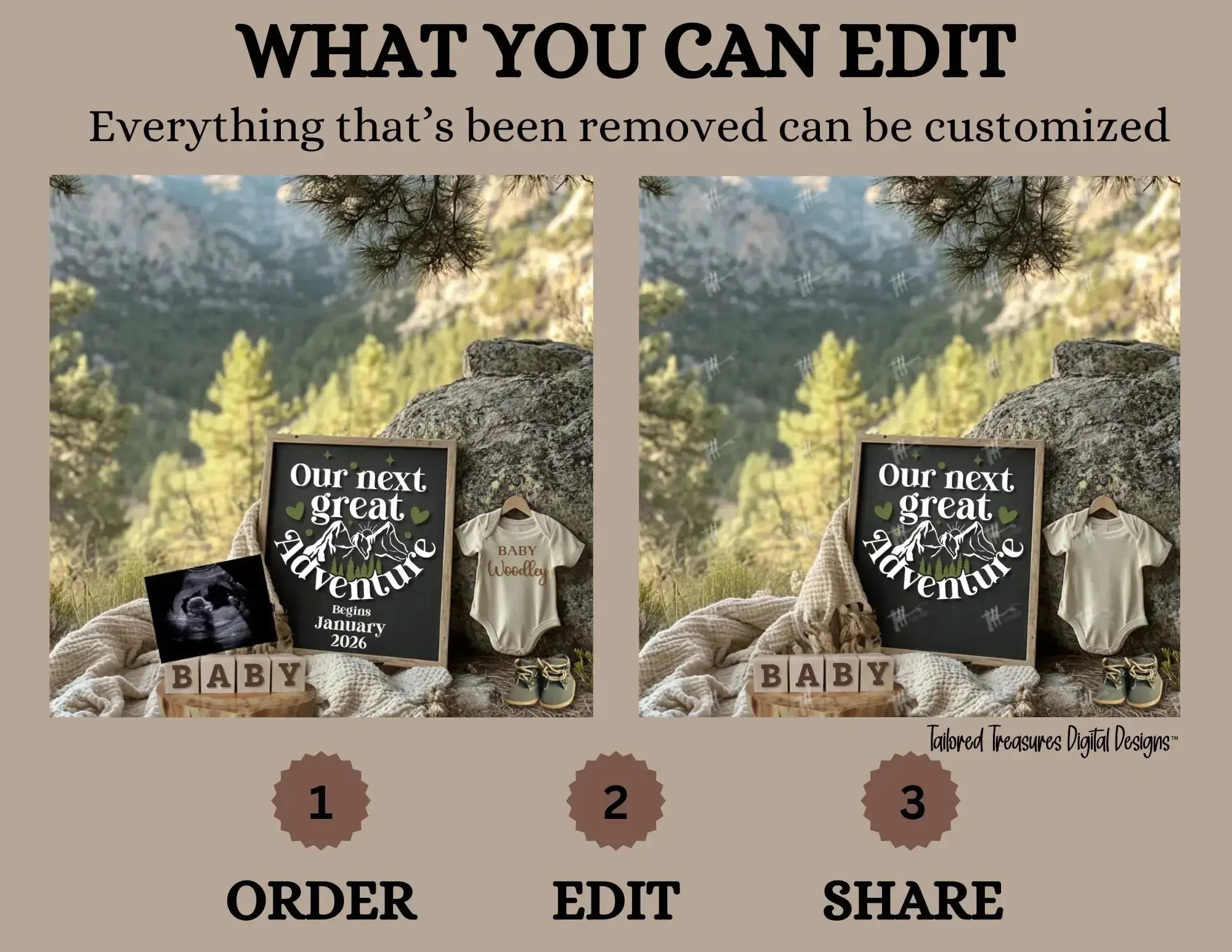 Digital Mountain Pregnancy Announcement, Our Next Adventure, Customizable Hiking Themed, Personalized Editable Template TailoredTreasuresDigitalDesigns™