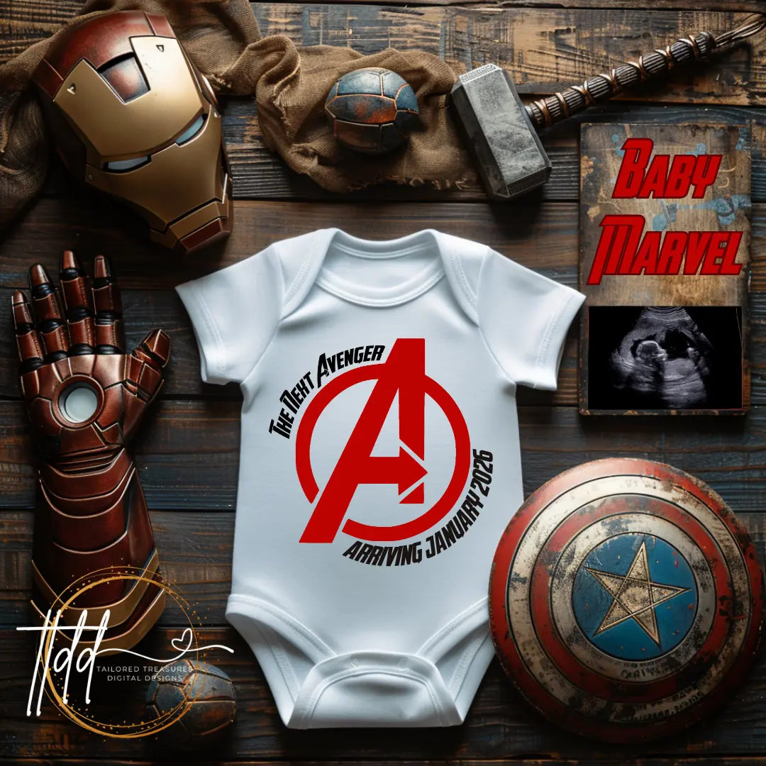 Digital Superhero Pregnancy Announcement, The Next Avenger is Coming, Customizable Marvel Themed, Personalized Editable Template TailoredTreasuresDigitalDesigns™