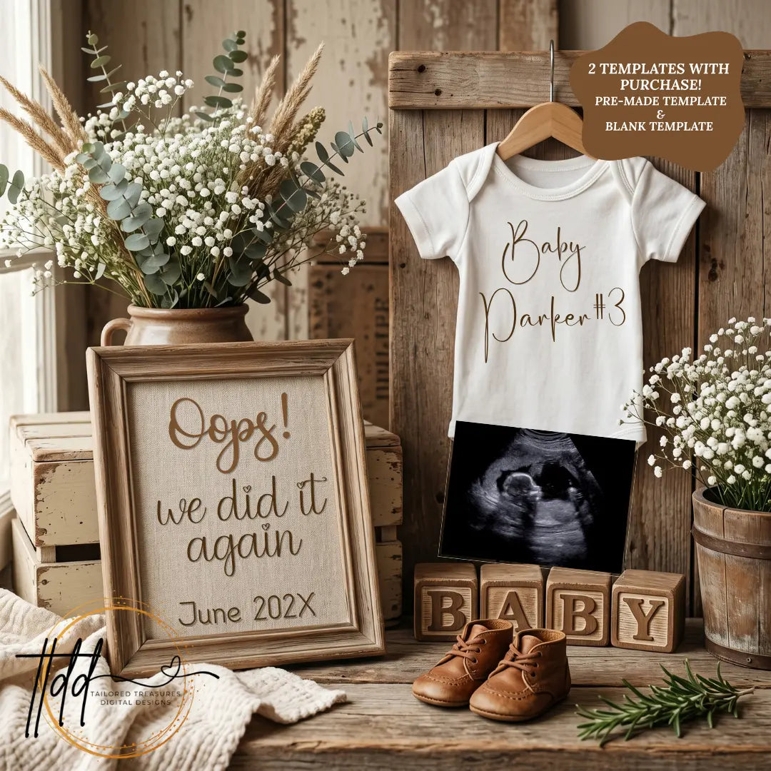 Oops We Did It Again!, Digital Pregnancy Announcement, Gender Neutral, Customizable Boho Themed, Canva Instant Download Editable Template - TailoredTreasuresDigitalDesigns™