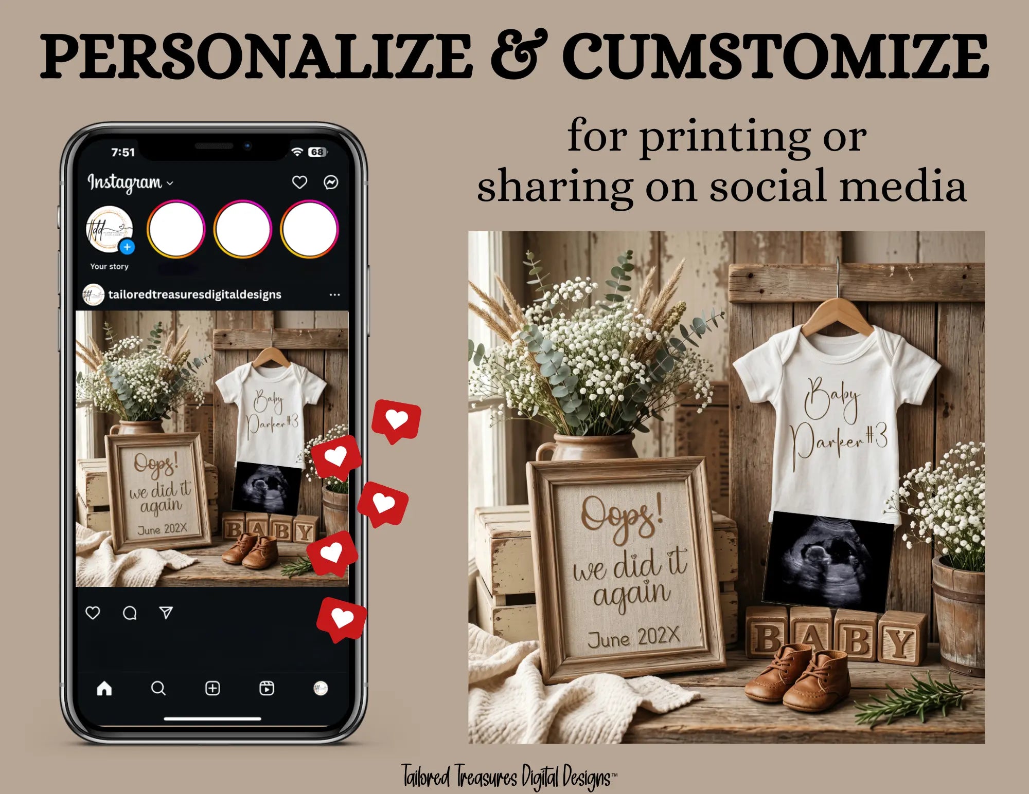 Oops We Did It Again!, Digital Pregnancy Announcement, Gender Neutral, Customizable Boho Themed, Canva Instant Download Editable Template - TailoredTreasuresDigitalDesigns™