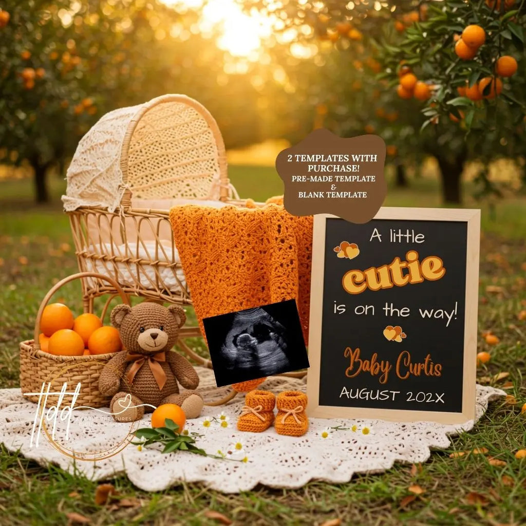 A Little Cutie is Coming, Spring Digital Pregnancy Announcement, Customizable Oranges Themed Editable Template, Gender Neutral Baby Reveal - TailoredTreasuresDigitalDesigns™