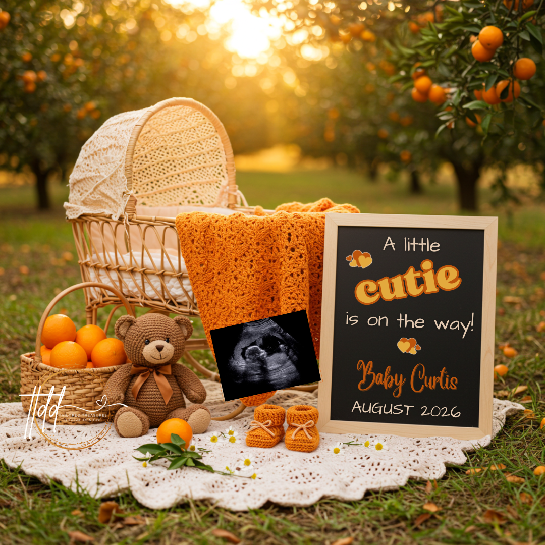 Baby reveal setup with a basket, teddy bear, and 'A little cutie is on the way!' sign in an outdoor setting.