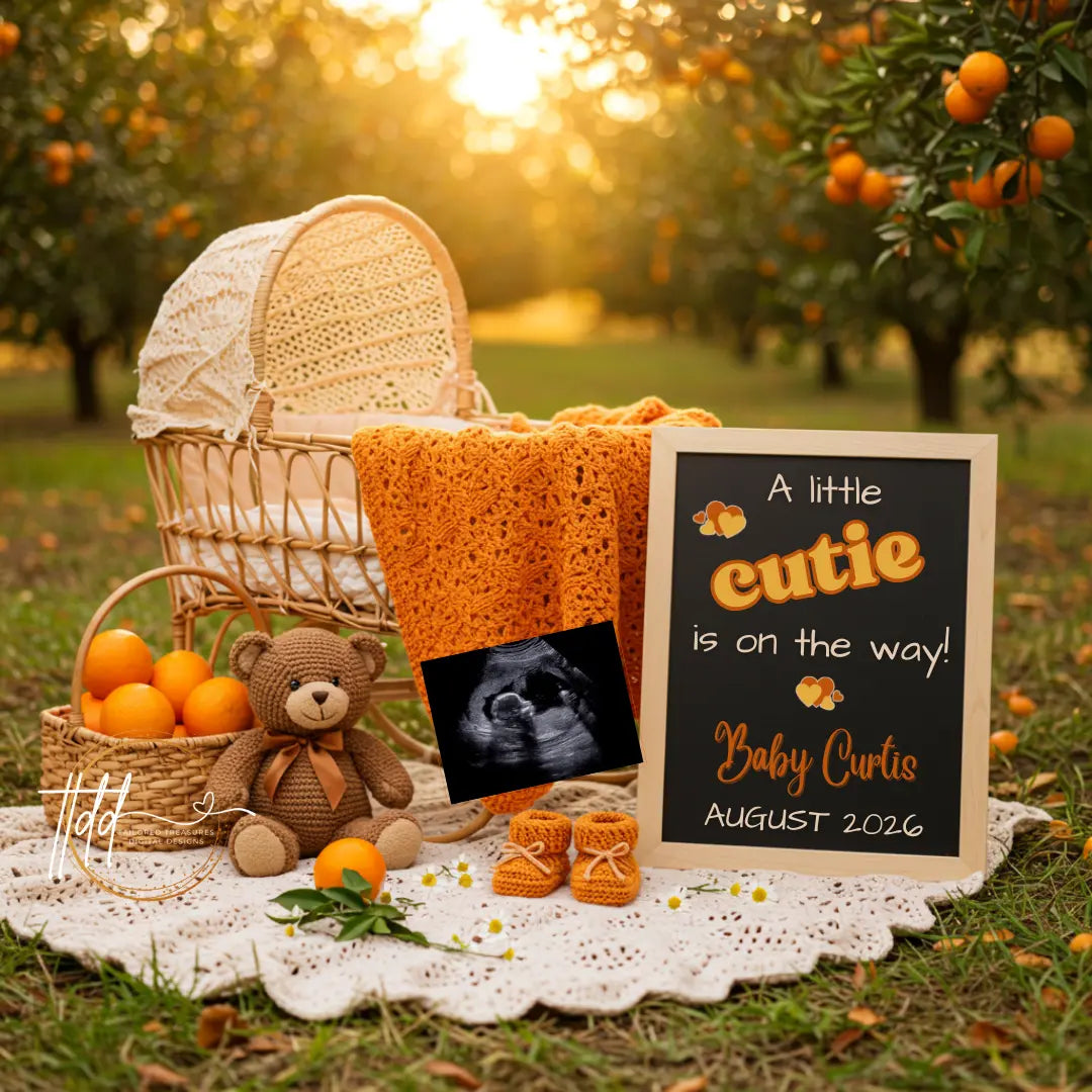 A Little Cutie is Coming, Spring Digital Pregnancy Announcement, Customizable Oranges Themed Editable Template, Gender Neutral Baby Reveal - TailoredTreasuresDigitalDesigns™