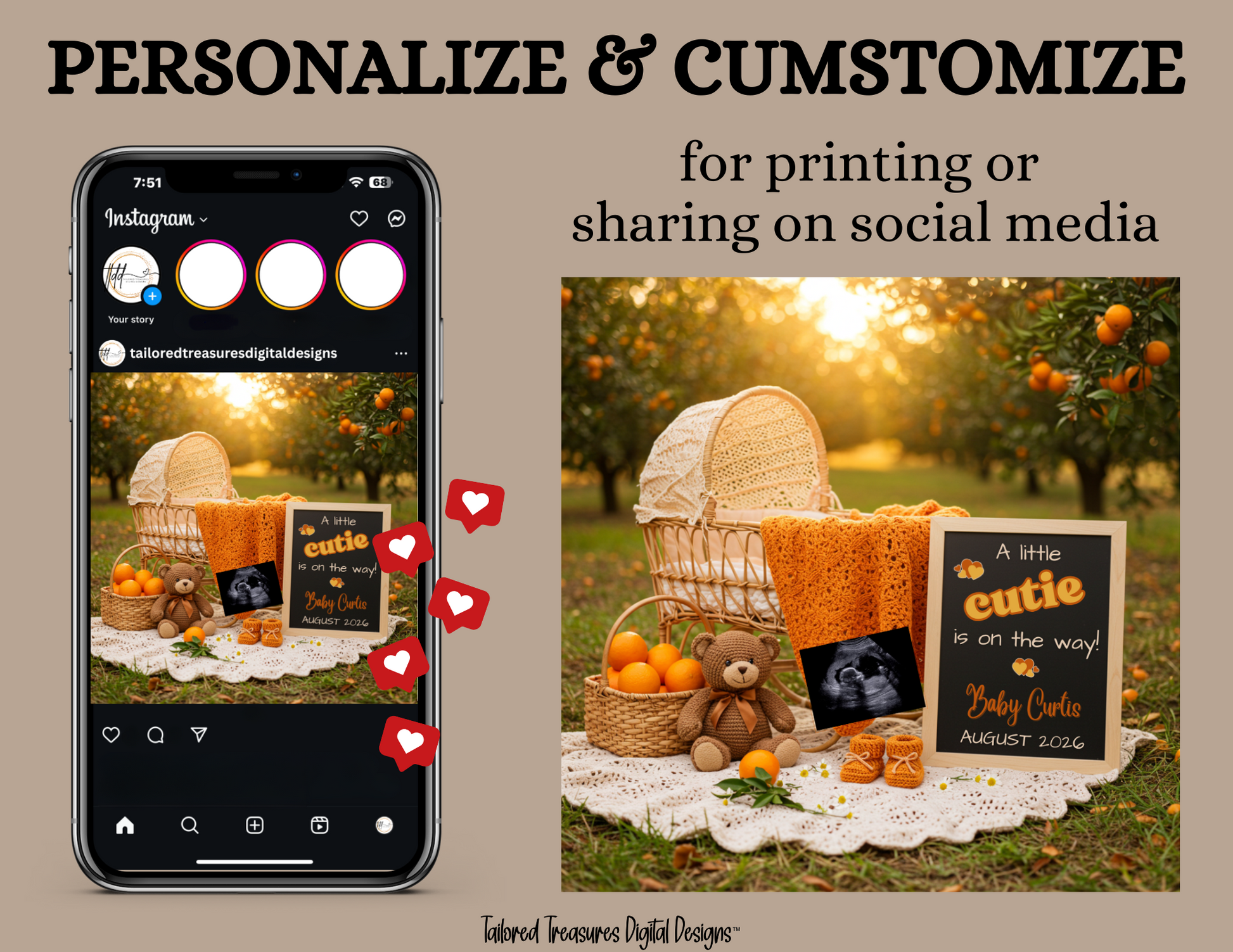 Phone screen with Instagram interface and baby announcement sign in an orchard setting.