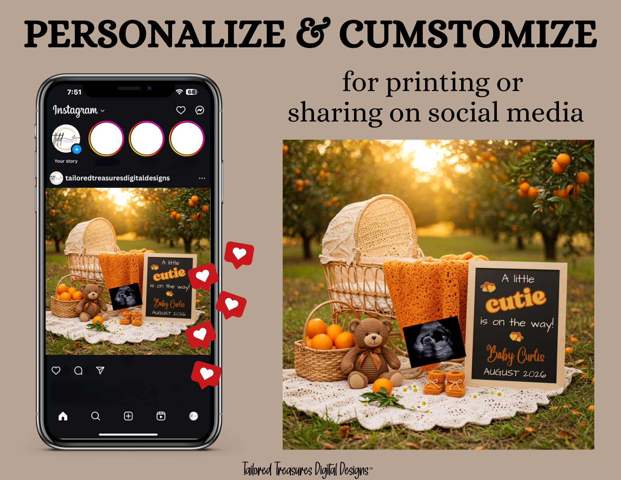 Phone screen with Instagram interface and baby announcement sign in an orchard setting.