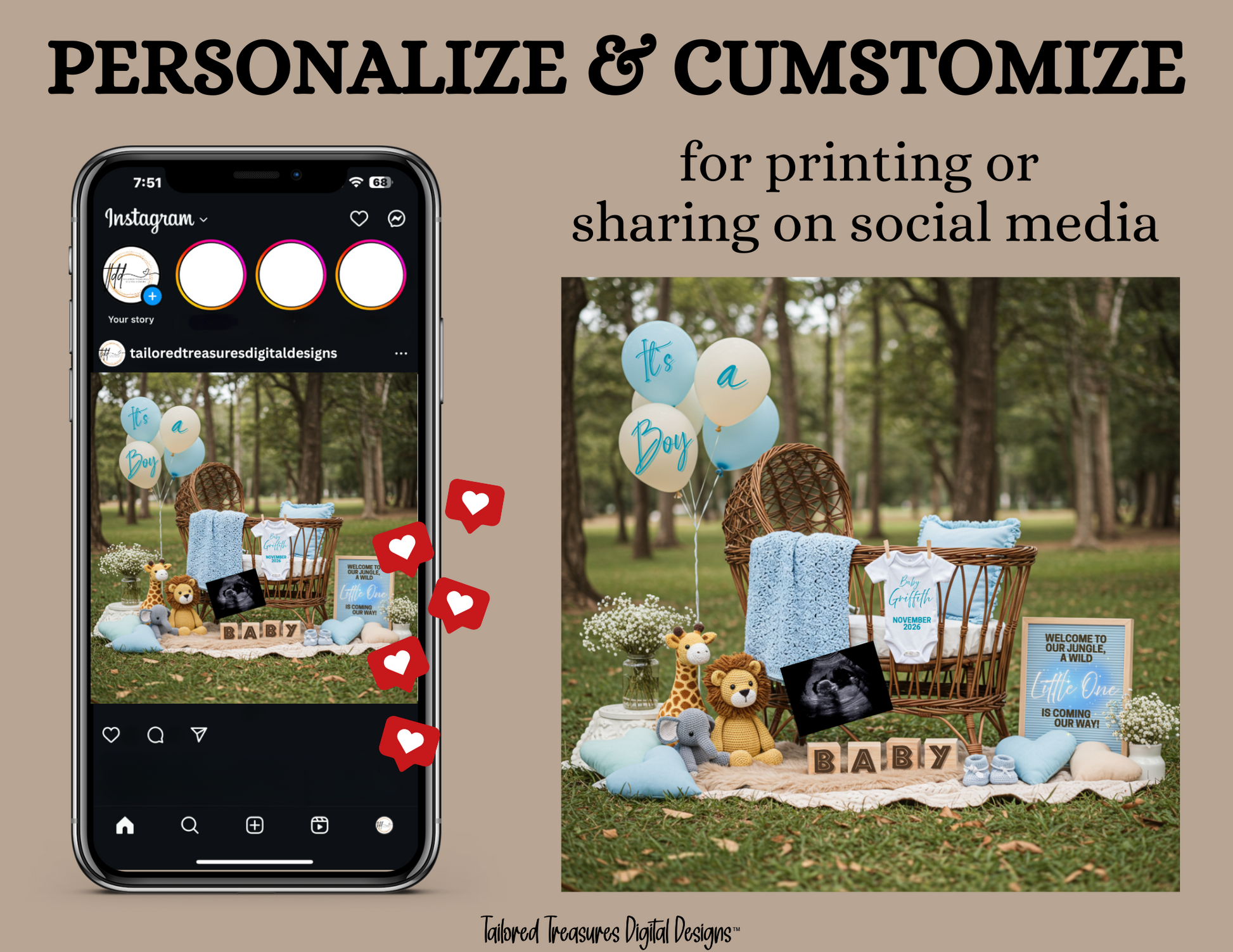 Phone screen with social media app and outdoor setup with baby items and balloons.