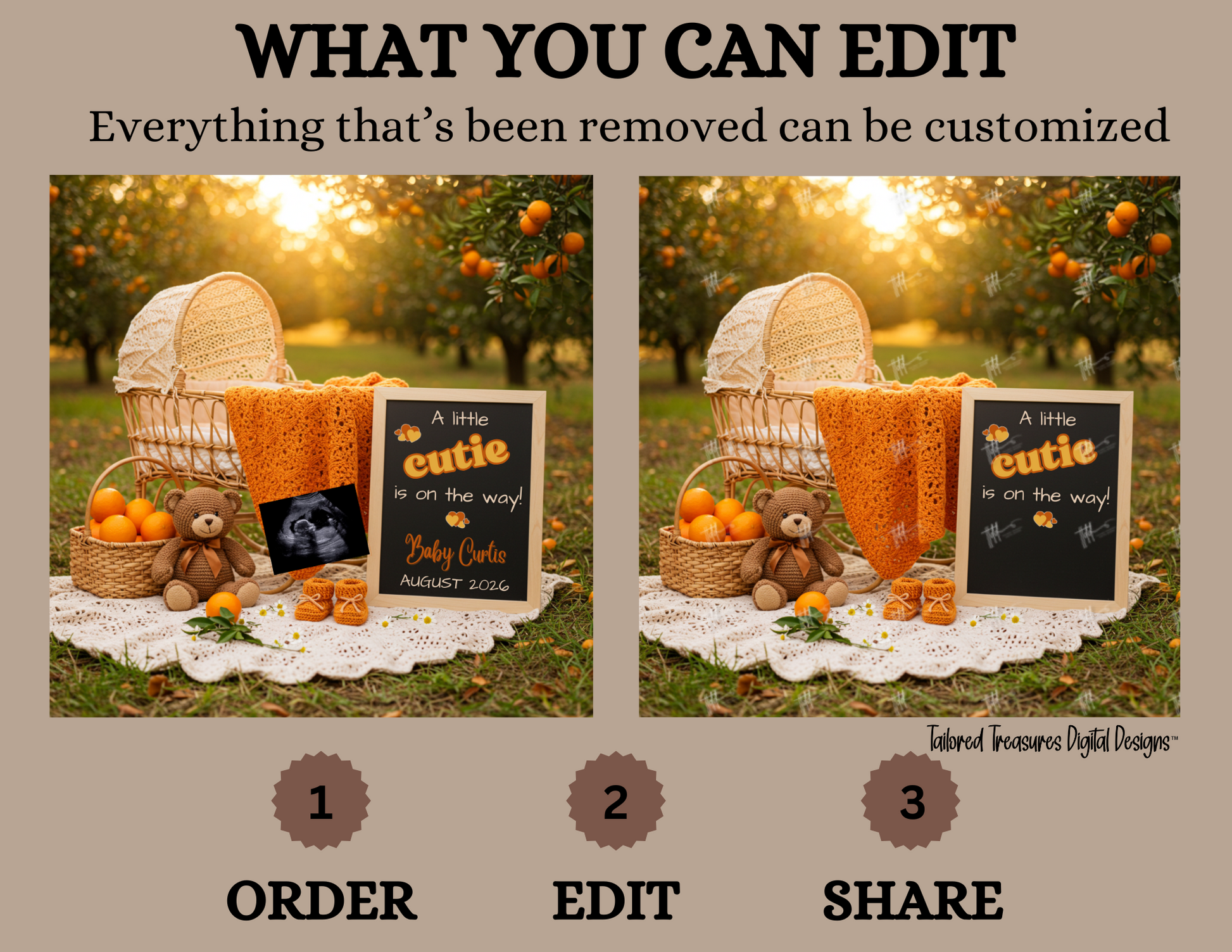 Promotional graphic for customizable photo editing service with a baby shower setup in an orchard.