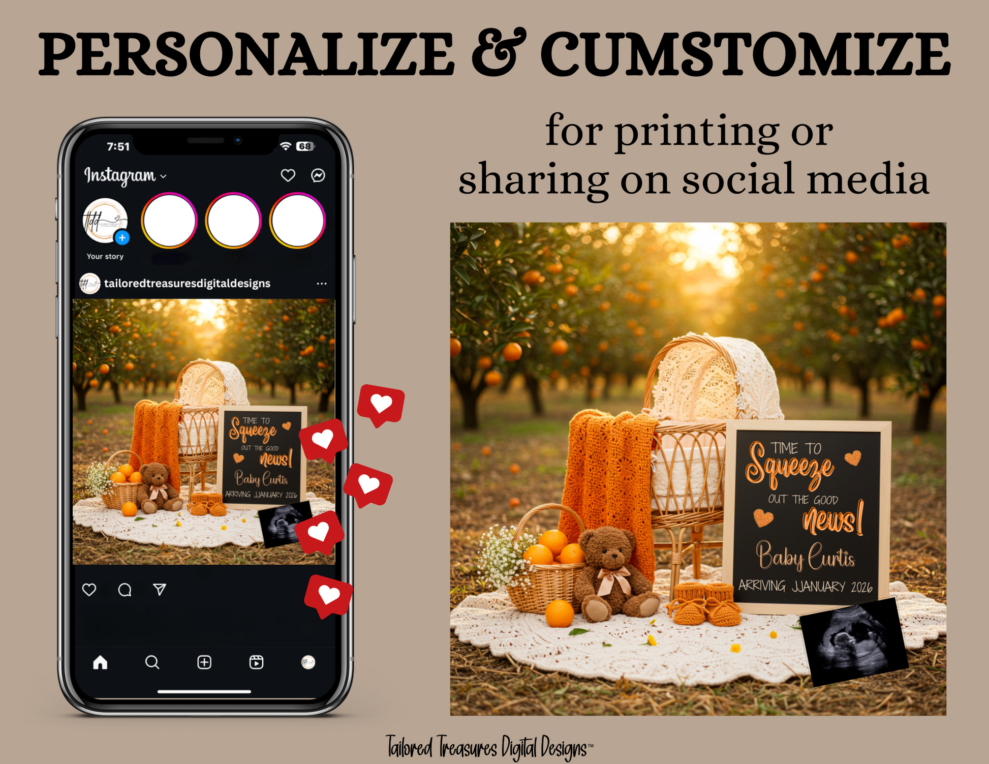 Phone screen with Instagram interface overlay and outdoor scene with baby shower setup.