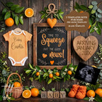 Orange Pregnancy Announcement Template, Squeeze Out the Good News Editable Canva Design TailoredTreasuresDigitalDesigns™