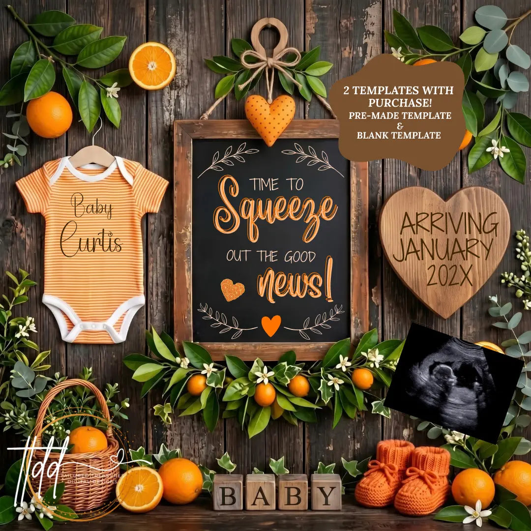 Orange Pregnancy Announcement Template, Squeeze Out the Good News Editable Canva Design TailoredTreasuresDigitalDesigns™