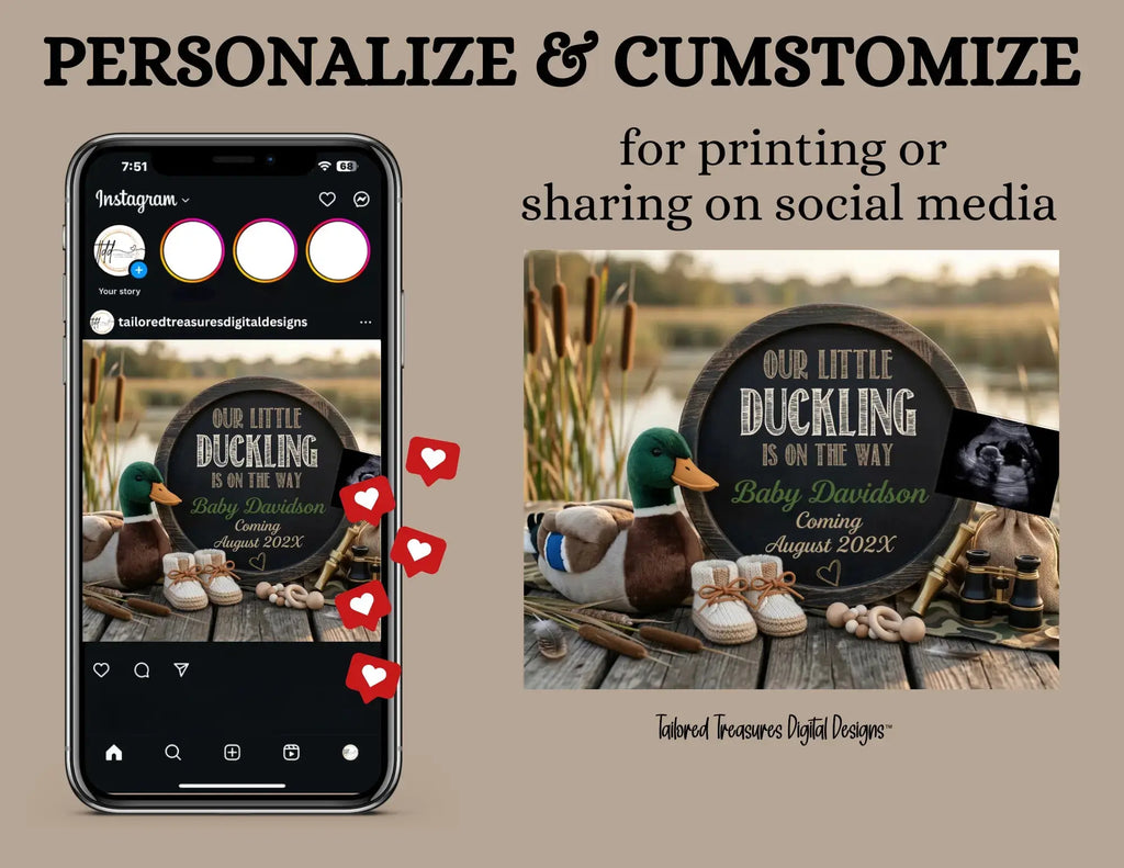 A New Duckling is Coming, Hunting Digital Pregnancy Announcement, Gender Neutral Customizable Editable Template - TailoredTreasuresDigitalDesigns™