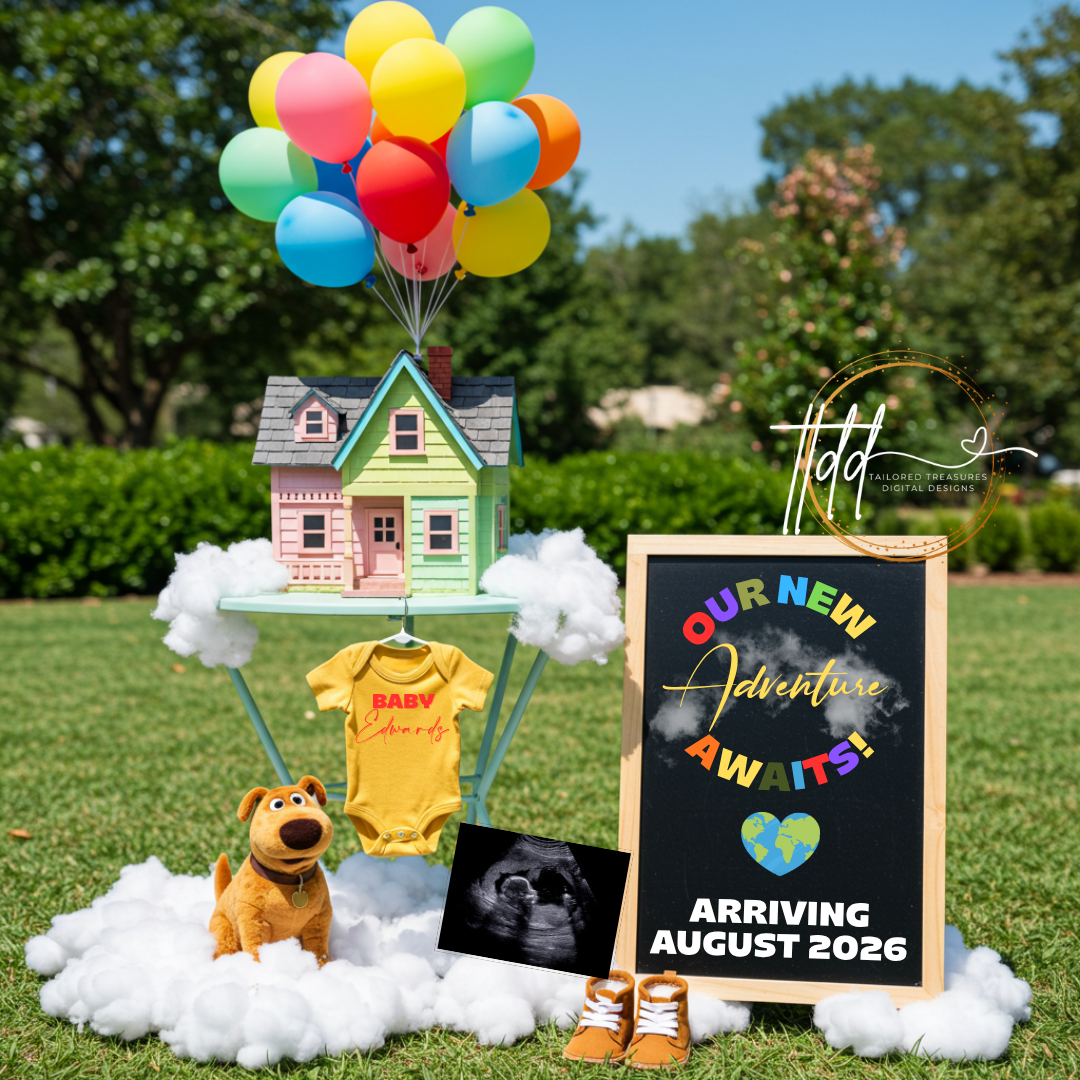 Digital Pregnancy Announcement, Our New Adventure Awaits, Disney Pixar Up Inspired Themed, Personalized Editable Template TailoredTreasuresDigitalDesigns™