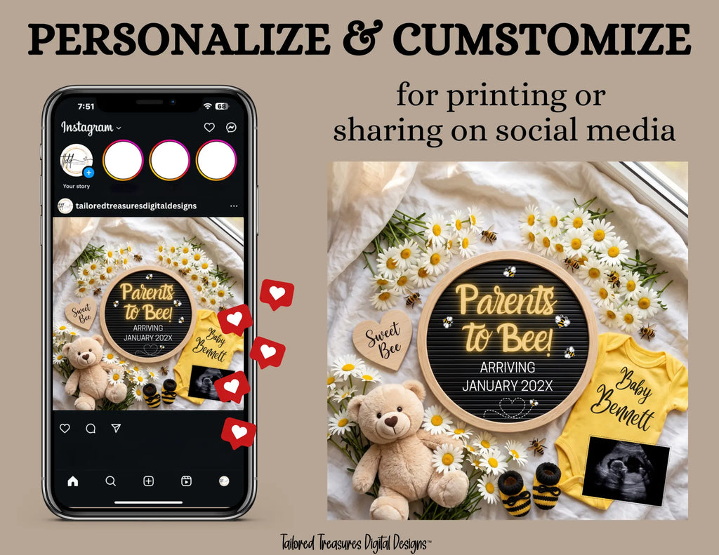Parents to Bee! Honey Bee Pregnancy Announcement Template | Fully Editable Digital Download TailoredTreasuresDigitalDesigns™