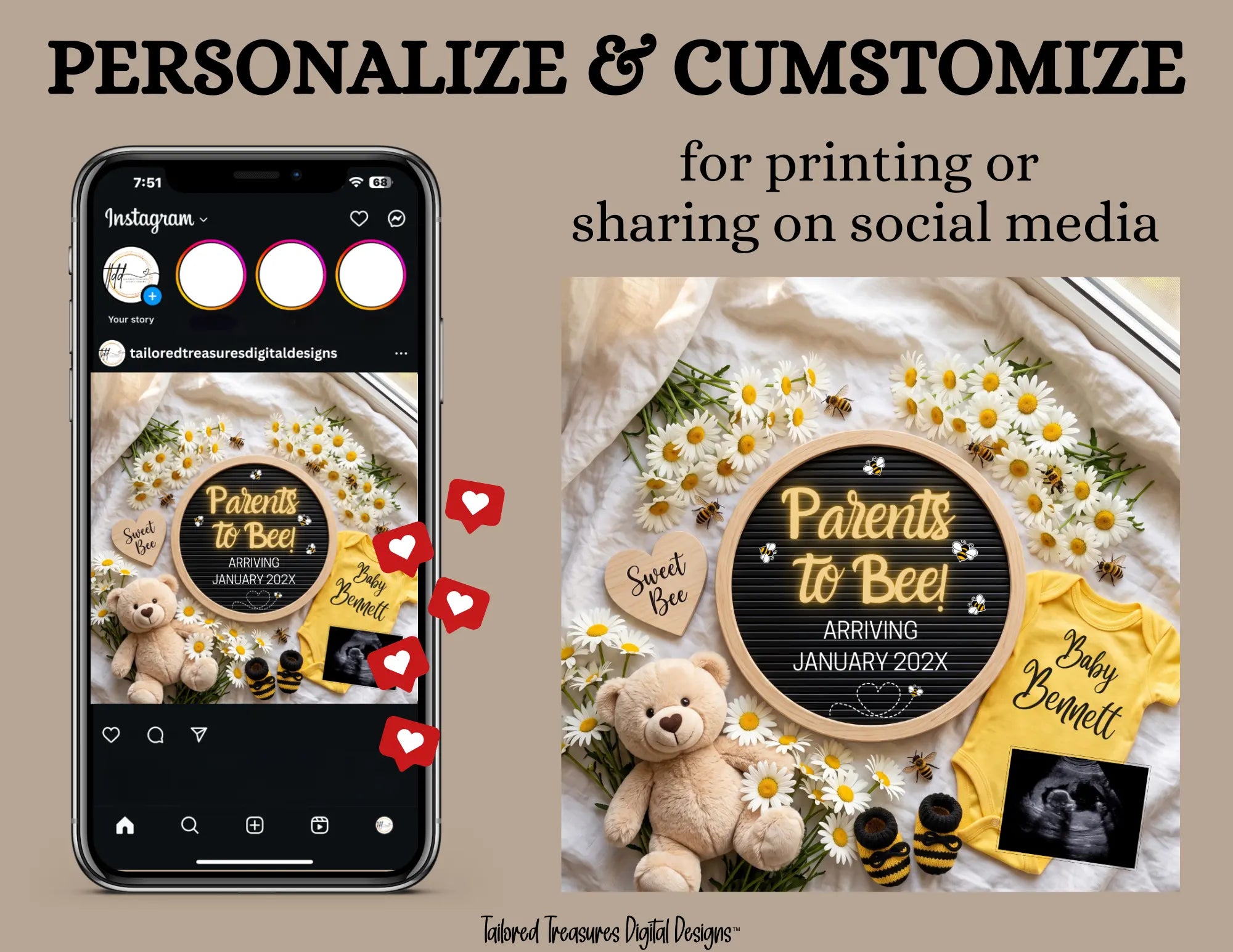Parents to Bee! Honey Bee Pregnancy Announcement Template | Fully Editable Digital Download TailoredTreasuresDigitalDesigns™