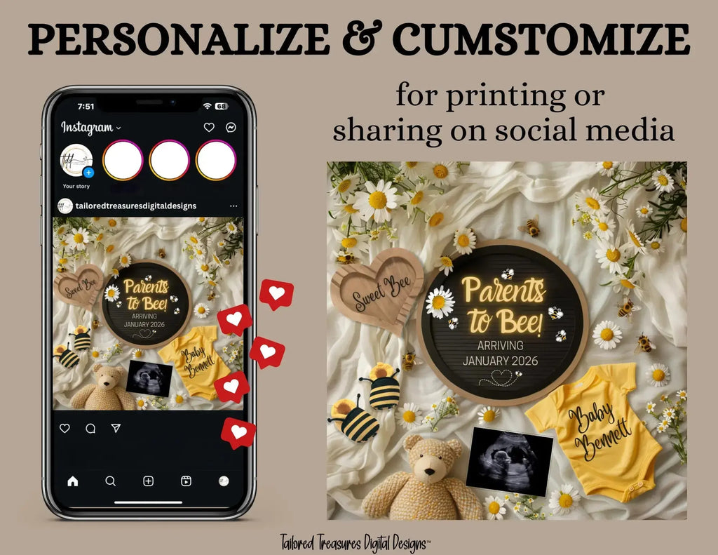 Digital Pregnancy Announcement, Parents to Bee, Customizable Spring Themed, Personalized Editable Template TailoredTreasuresDigitalDesigns™