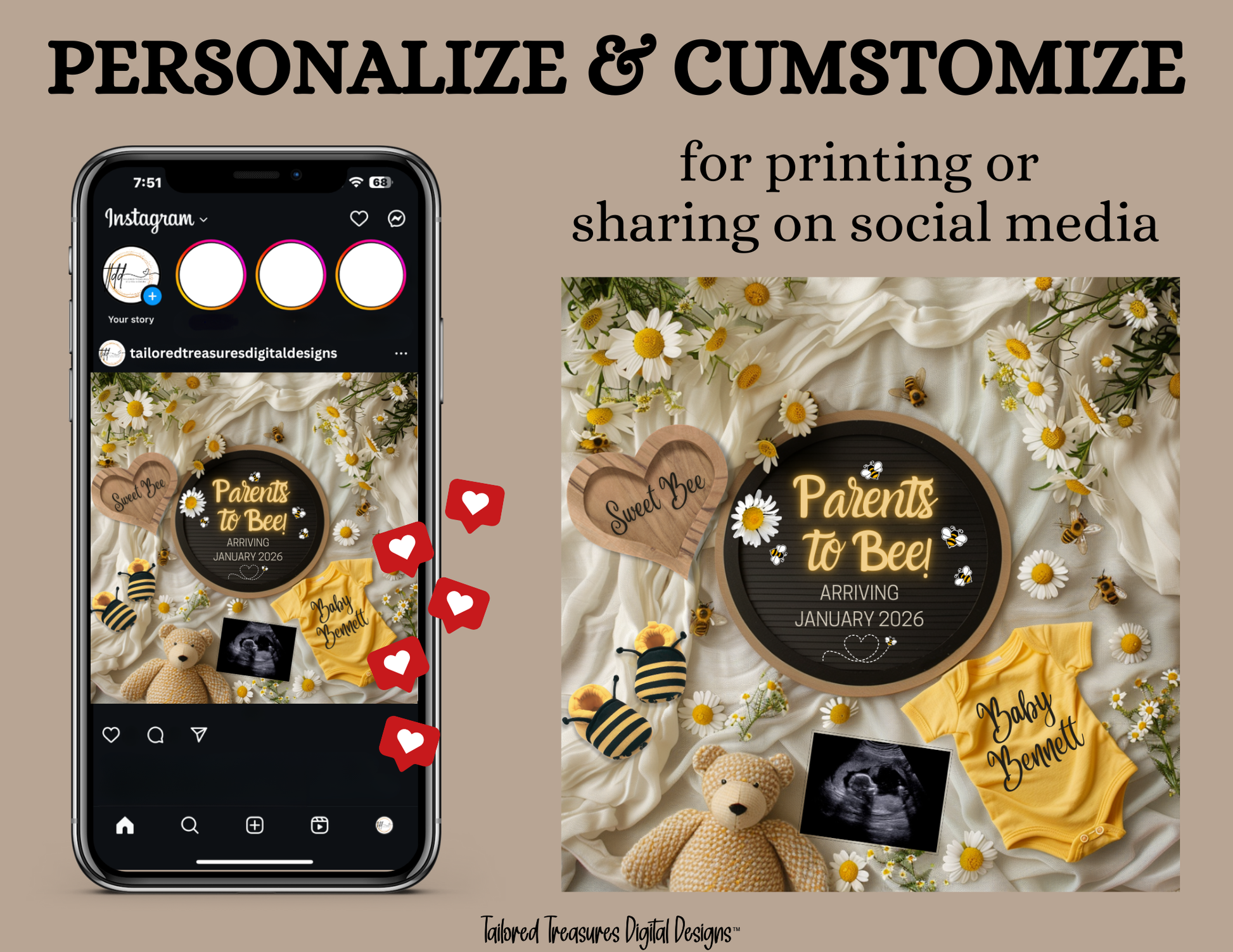 Digital Pregnancy Announcement, Parents to Bee, Customizable Spring Themed, Personalized Editable Template TailoredTreasuresDigitalDesigns™