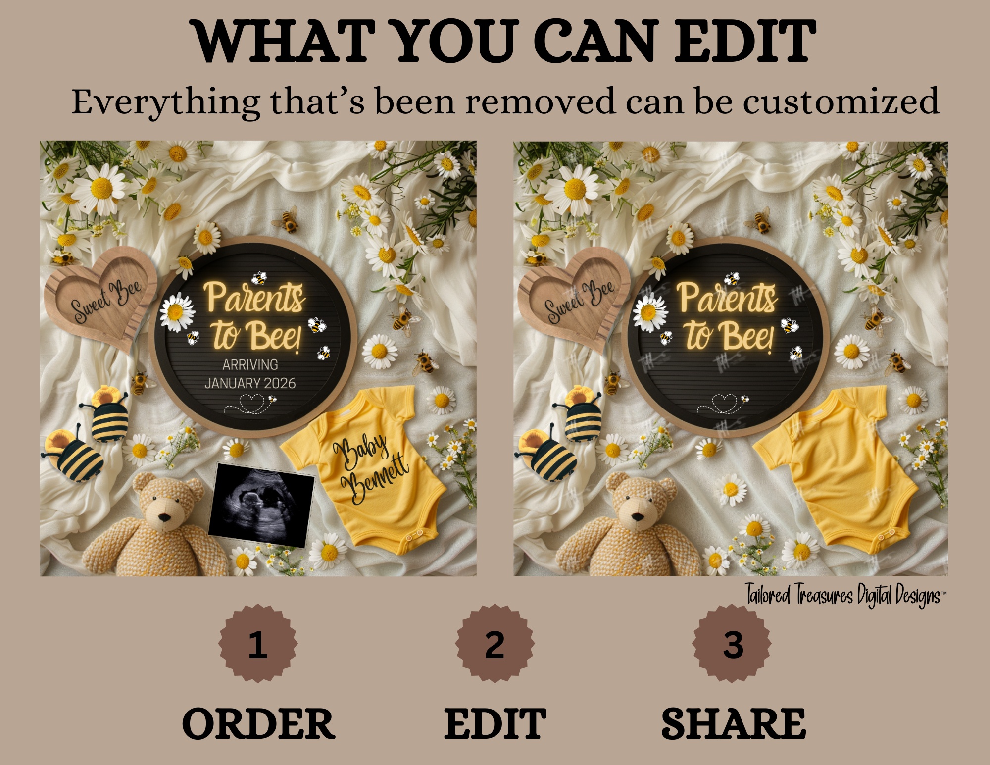 Digital Pregnancy Announcement, Parents to Bee, Customizable Spring Themed, Personalized Editable Template TailoredTreasuresDigitalDesigns™