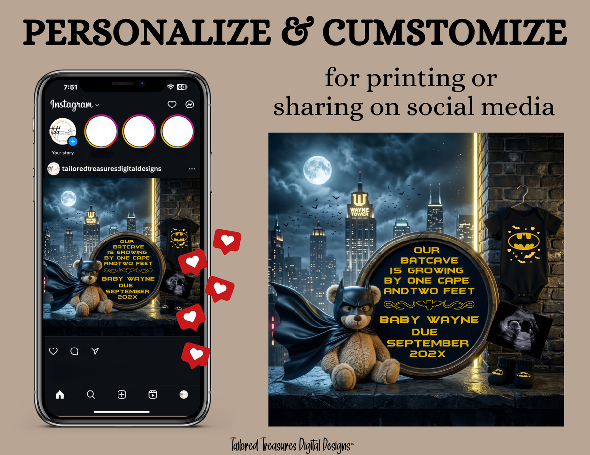 Batman Gotham City Baby Reveal Template, Editable Canva Gender Neutral Social Media Pregnancy Announcement