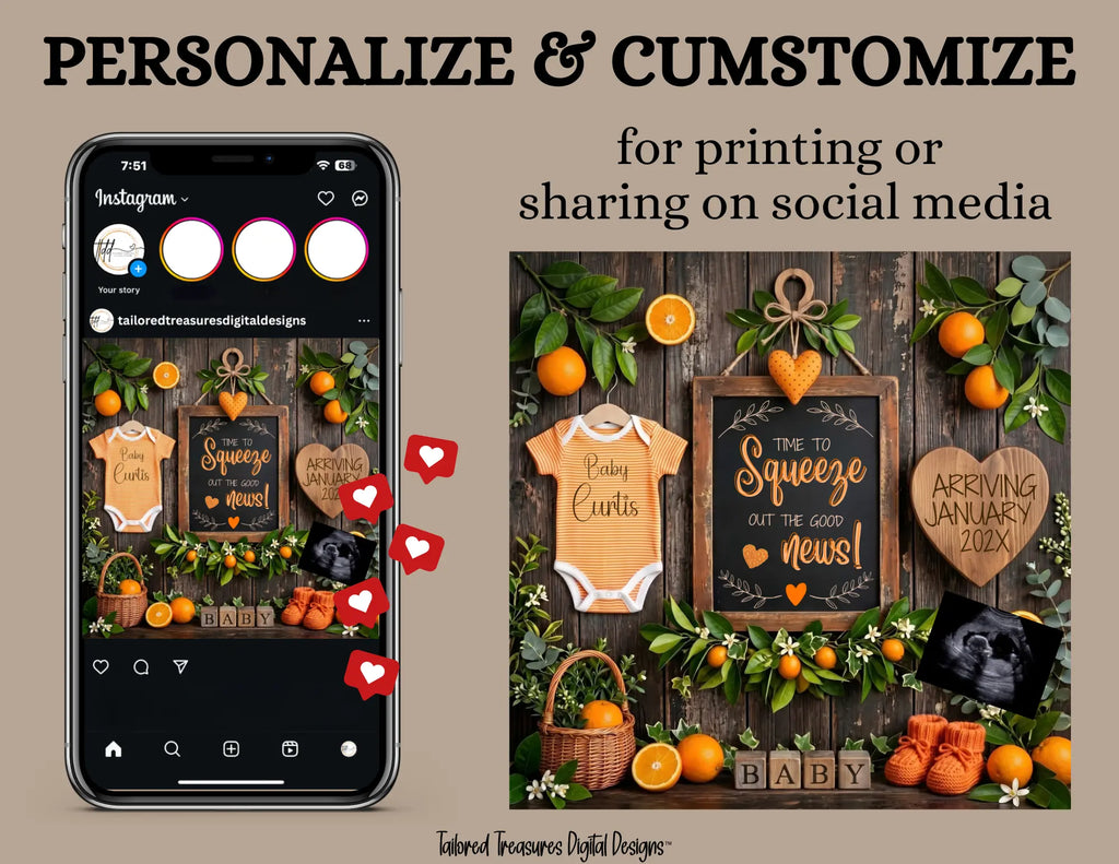 Orange Pregnancy Announcement Template, Squeeze Out the Good News Editable Canva Design TailoredTreasuresDigitalDesigns™