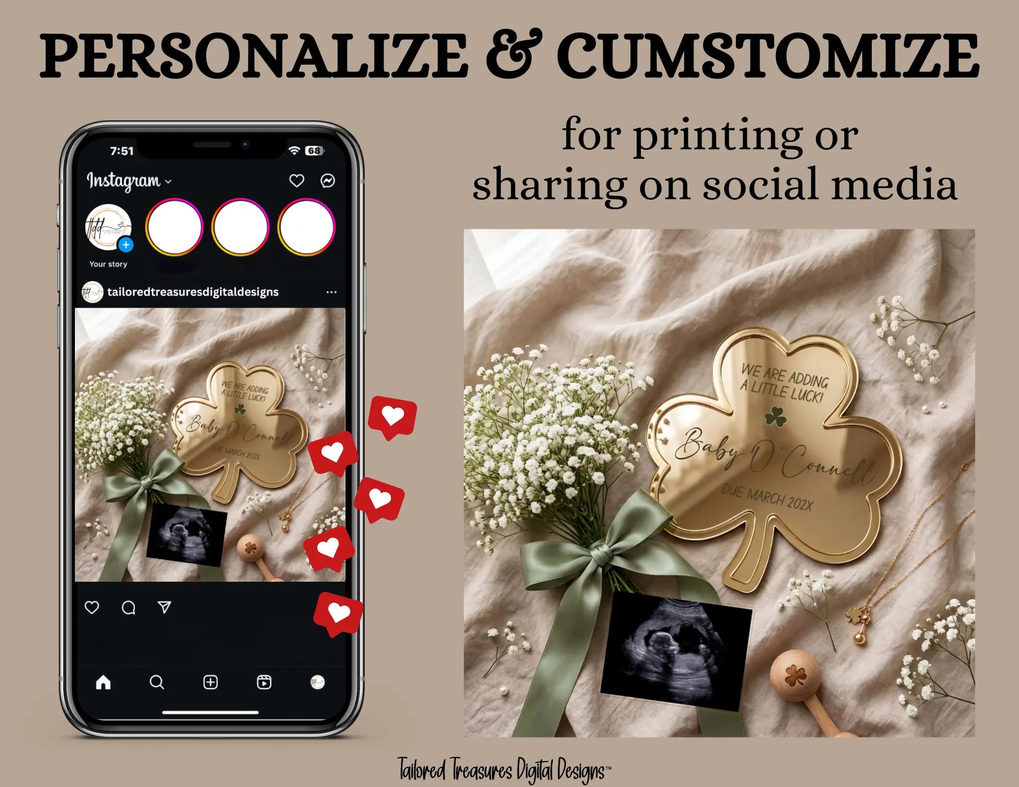 St. Patrick's Day Pregnancy Announcement Template | We Are Adding a Little Luck | Gold Shamrock Sign | Editable Canva Digital Download TailoredTreasuresDigitalDesigns™