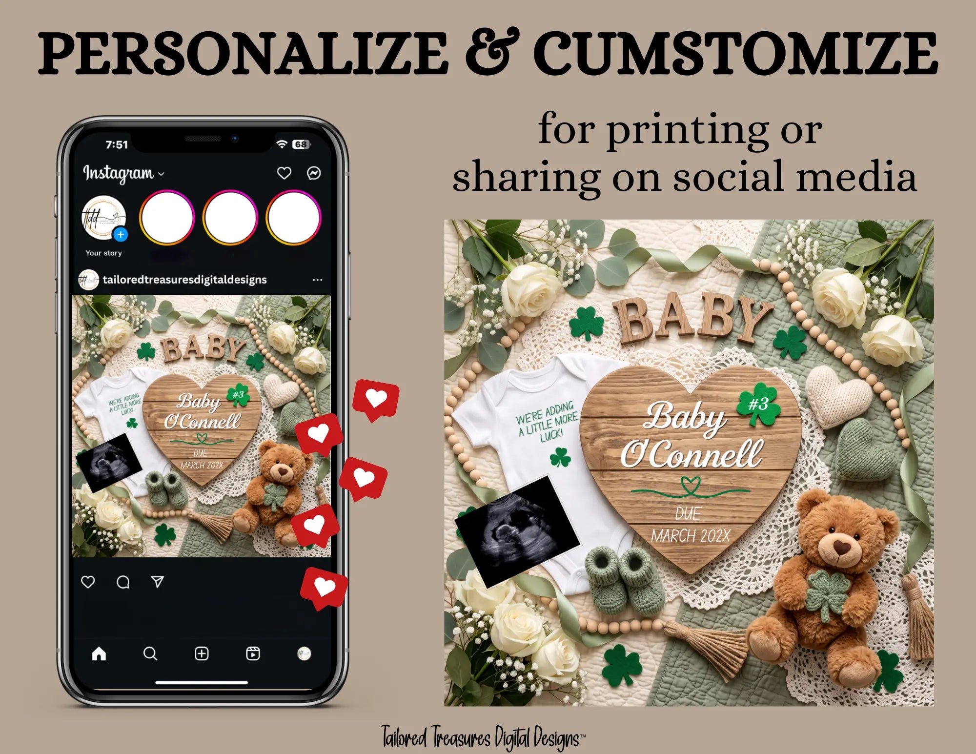 St. Patrick's Day Pregnancy Announcement Template | We're Adding a Little More Luck | Surname Sign | Editable Canva Digital Download TailoredTreasuresDigitalDesigns™