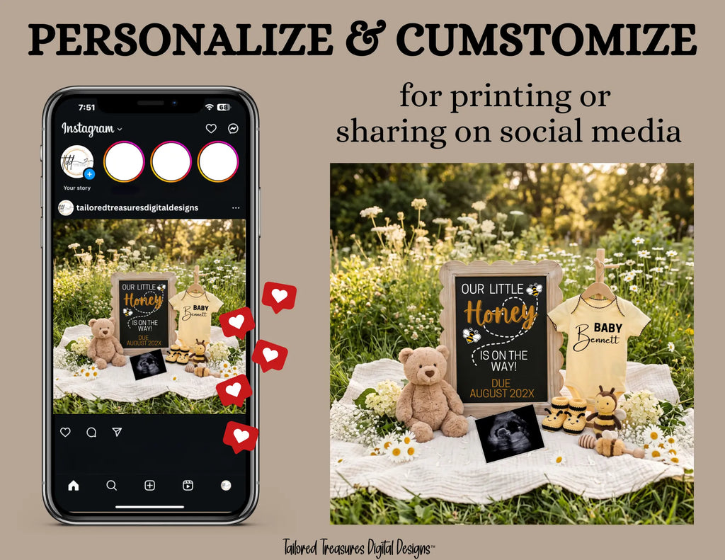Honey Bee Pregnancy Announcement Template, Editable Digital Baby Reveal - Our Little Honey Is On The Way TailoredTreasuresDigitalDesigns™