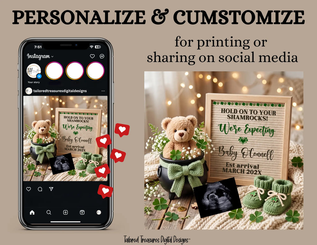 St. Patrick's Day Pregnancy Announcement Template | Hold On To Your Shamrocks We're Expecting | Editable Canva Digital Download TailoredTreasuresDigitalDesigns™