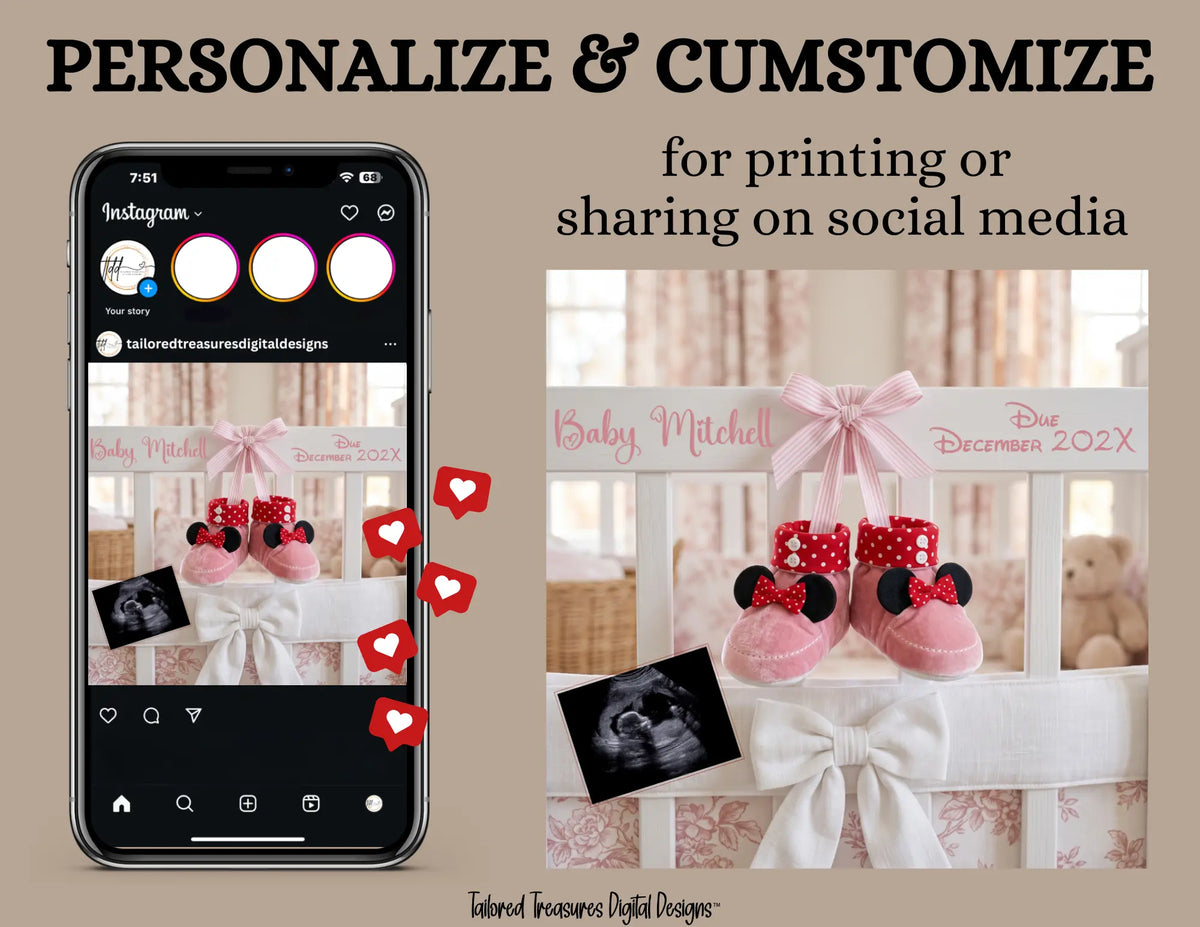Disney Minnie Baby Girl Elegant Gender Reveal Announcement, Editable Instant Download Canva Template TailoredTreasuresDigitalDesigns™