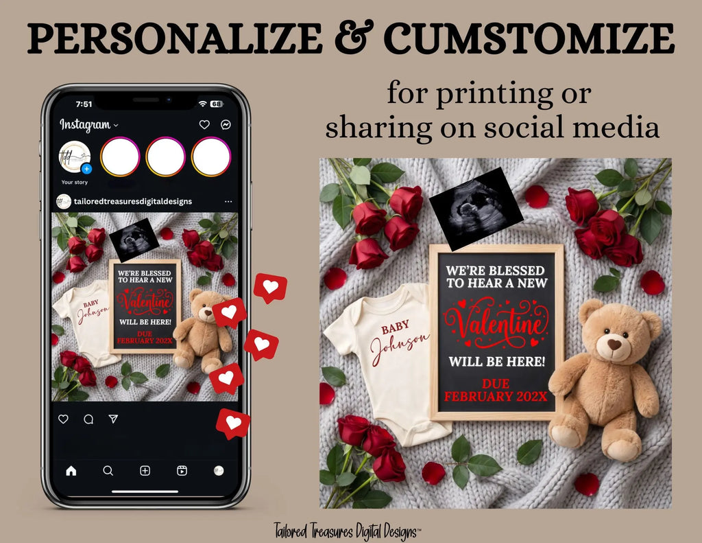Digital Valentine's Pregnancy Announcement, New Valentiny, Customizable February Themed, Personalized Editable Template TailoredTreasuresDigitalDesigns™